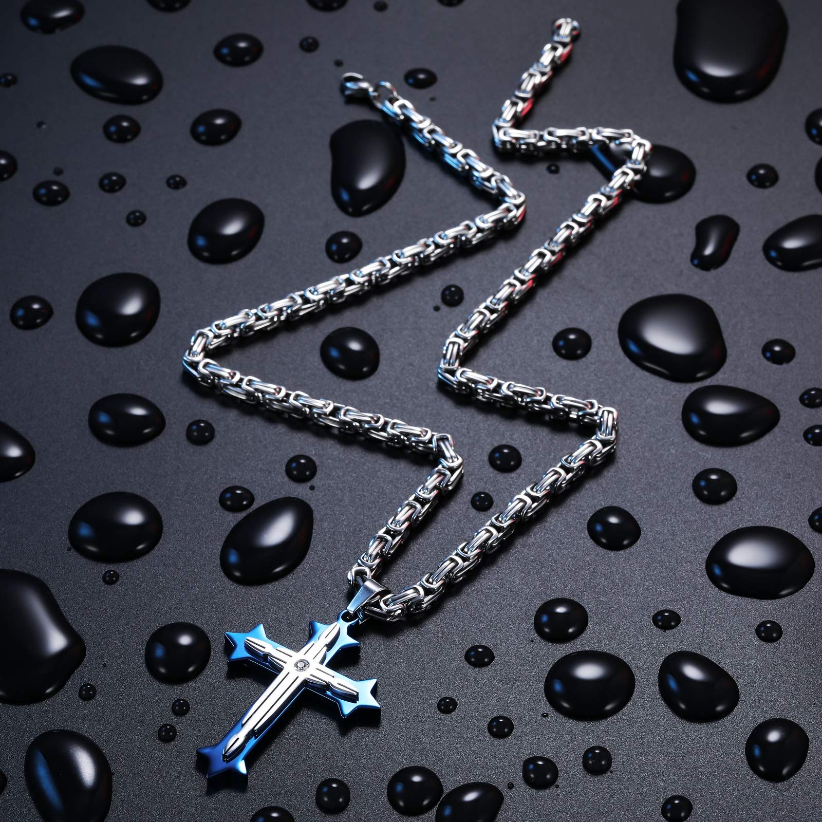 INBLUE Stainless Steel Cross Pendant Necklace for Men & Women - Cubic Zirconia Christian Jewelry with 22/24 Inch Byzantine Chain - Faith Gifts, Prayer Necklace for Baptism, Confirmation & Friendship - Perfect for Church, Weddings & Everyday Wear