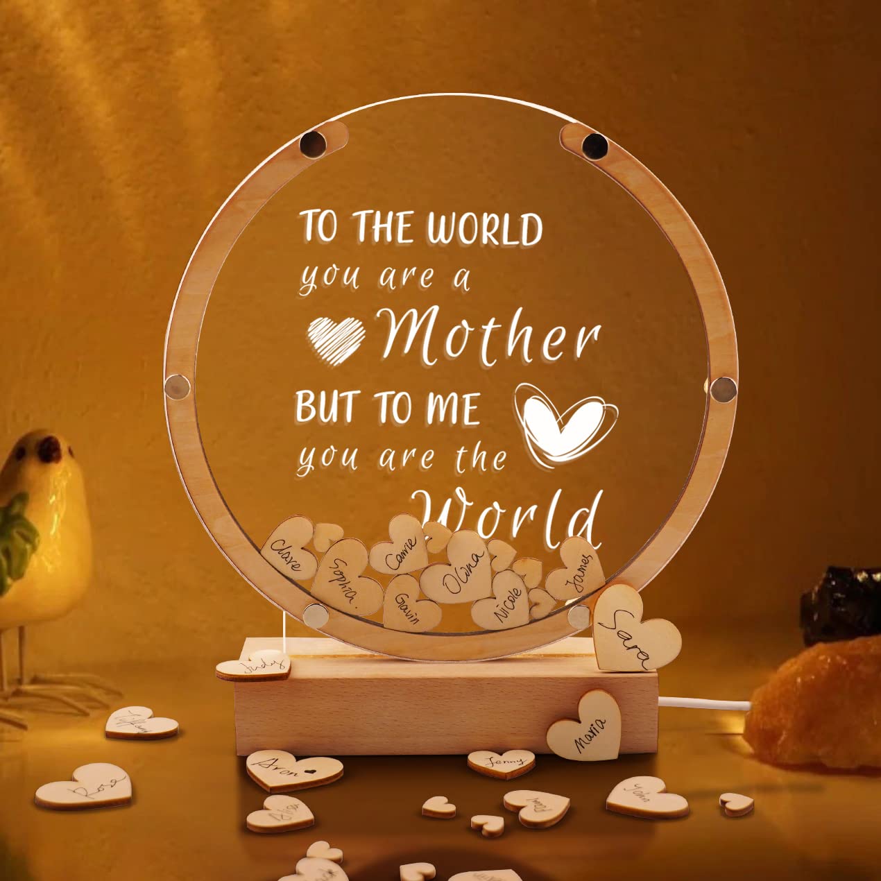 Personalized Wooden Heart Night Light - Best Birthday & Mother's Day Gift for Mom from Daughter or Son | 7.8 Inch Thoughtful Present for Bedroom, Nursery & Home Decor