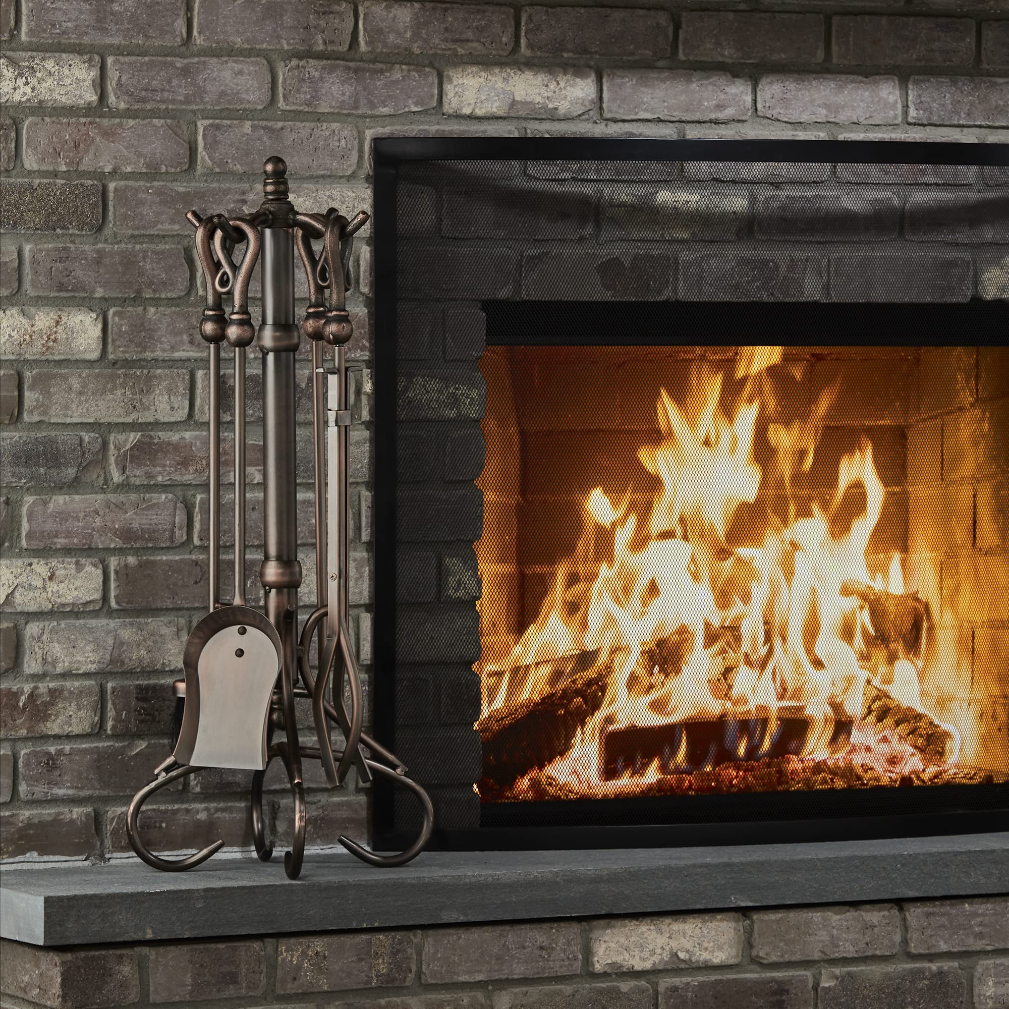 UniFlame F-1657 5-Piece Venetian Bronze Fireplace Tools Set with Heavy Crook Handles - Perfect for Indoor Fireplace, Hearth, and Home Decor