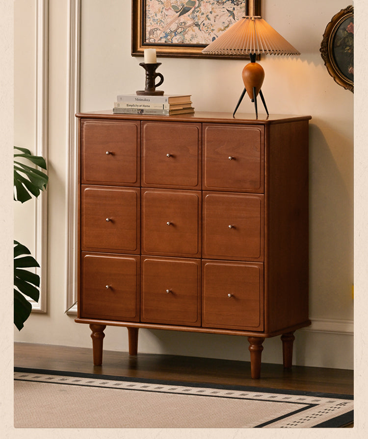 Vintage French Retro 9-Drawer Solid Poplar Wood Cabinet - Elegant Storage for Bedroom, Living Room & Office