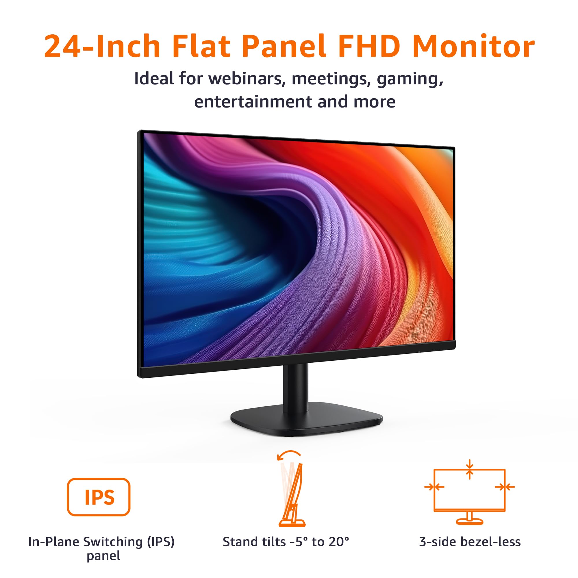 Amazon Basics 24-inch FHD 1080P Monitor with 100Hz Refresh Rate, VESA Mount Compatible, Built-in Speakers - Ideal for Home Office, Gaming & Entertainment (Black)