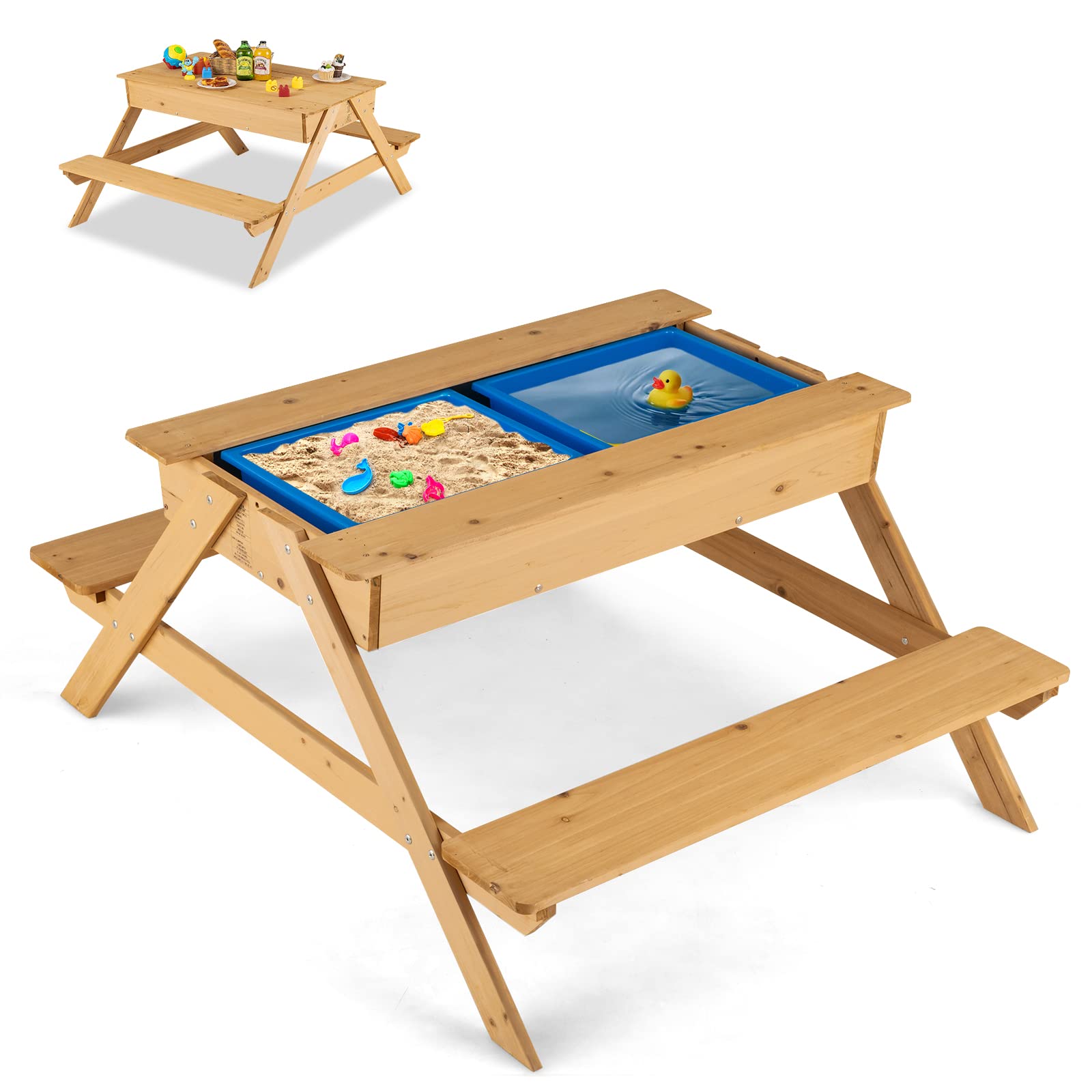 HONEY JOY Kids Picnic Table - 3-in-1 Convertible Sand & Water Play Table with 2 Storage Bins & Detachable Tabletop - Wooden Outdoor Bench Set for Backyard, Garden & Patio - Perfect for Toddler Activities, Sensory Play & Outdoor Fun