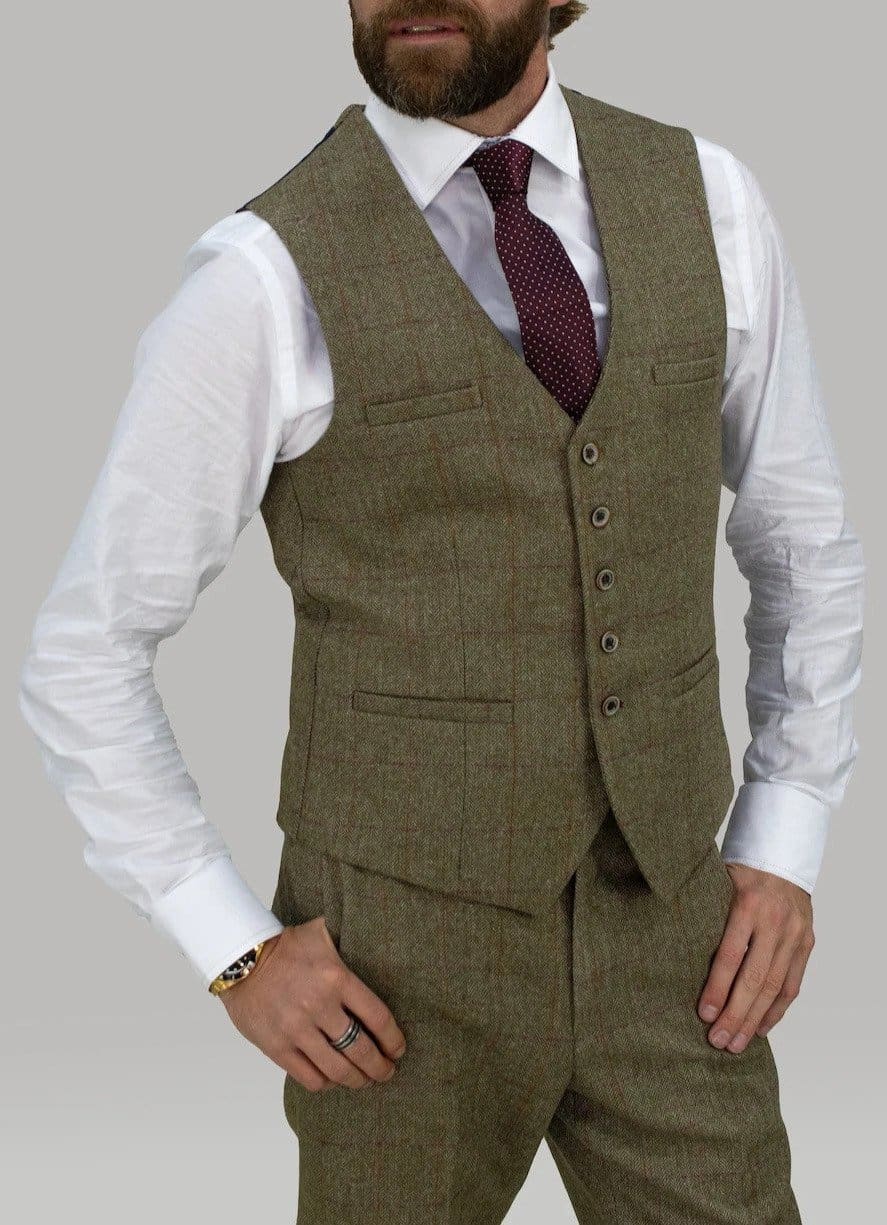 Cavani Gaston Sage Tweed Waistcoat for Men - Classic Vintage Style Vest for Formal Occasions, Weddings & Business Events