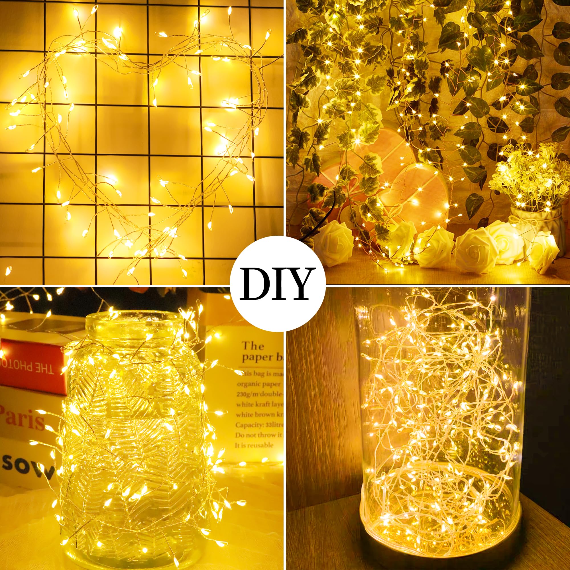 200 LED Fairy String Lights - 20FT Battery Operated Waterproof Copper Wire Lights with 8 Modes for Indoor/Outdoor Use - Perfect for Christmas, Weddings, Parties, Garden, Patio & Tree Decorations (Warm White)