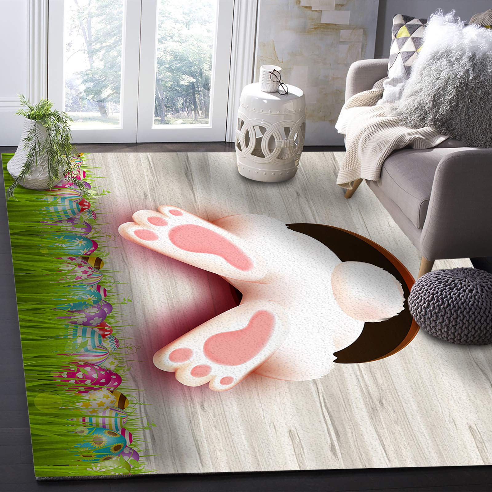 5'x8' Large Non-Slip Area Rug - Happy Easter Bunny Butt with Grass Eggs Design - Soft Floor Mat for Bedroom, Living Room, Kitchen - Perfect for Easter Decor & Home Comfort