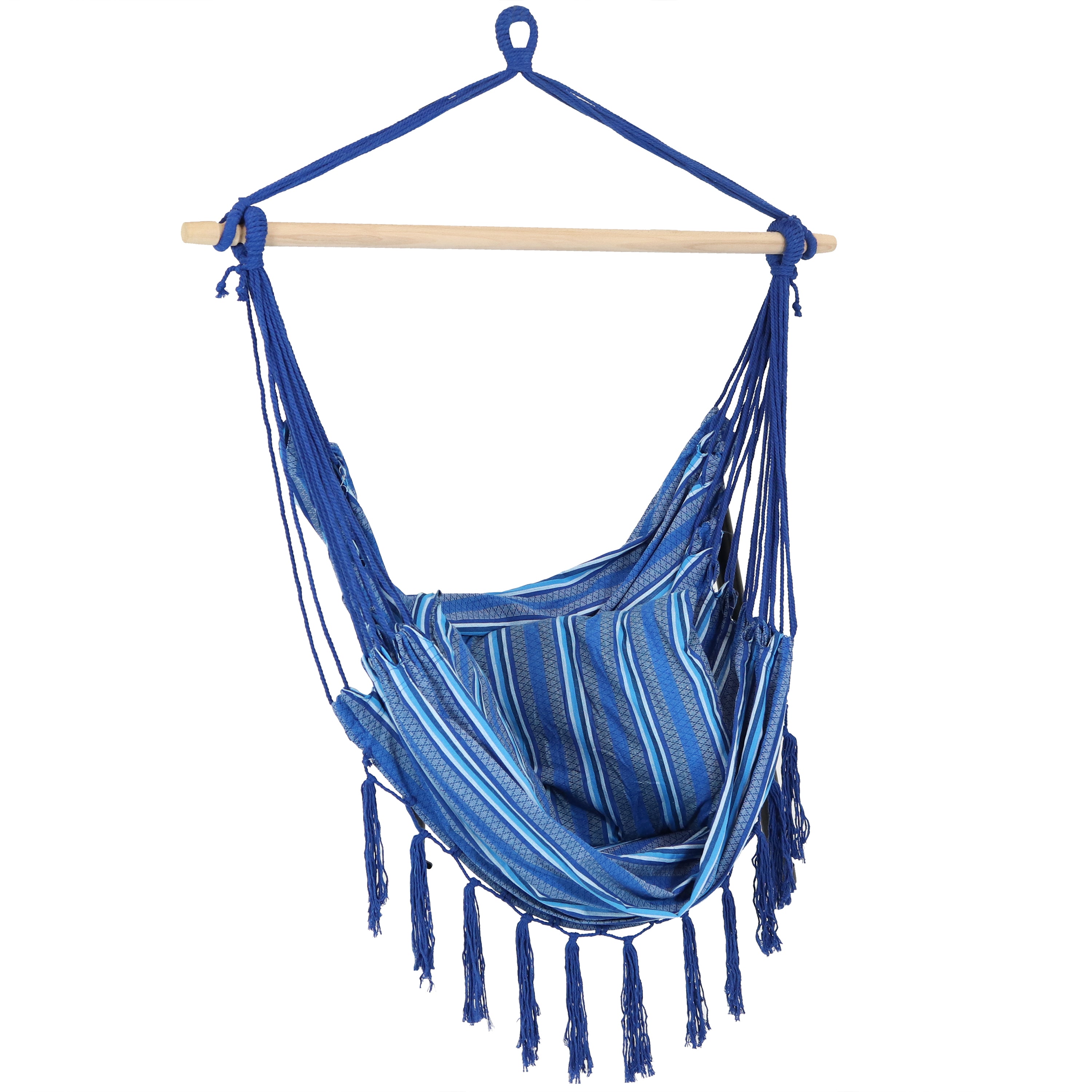 Sunnydaze Cushioned Hanging Hammock Chair with Cornflower Stripes - Perfect for Indoor & Outdoor Relaxation in Bedroom, Patio or Garden