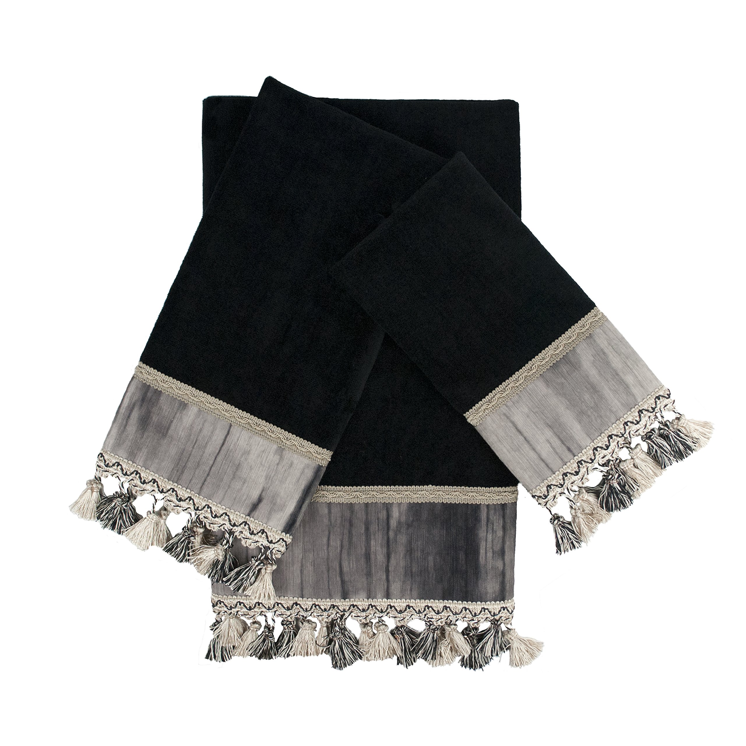 Sherry Kline Ambiance Black 3-Piece Embellished Bath Towel Set - Luxury Embroidered Decorative Hand & Bath Towels for Bathroom, Spa & Guest Room Decor