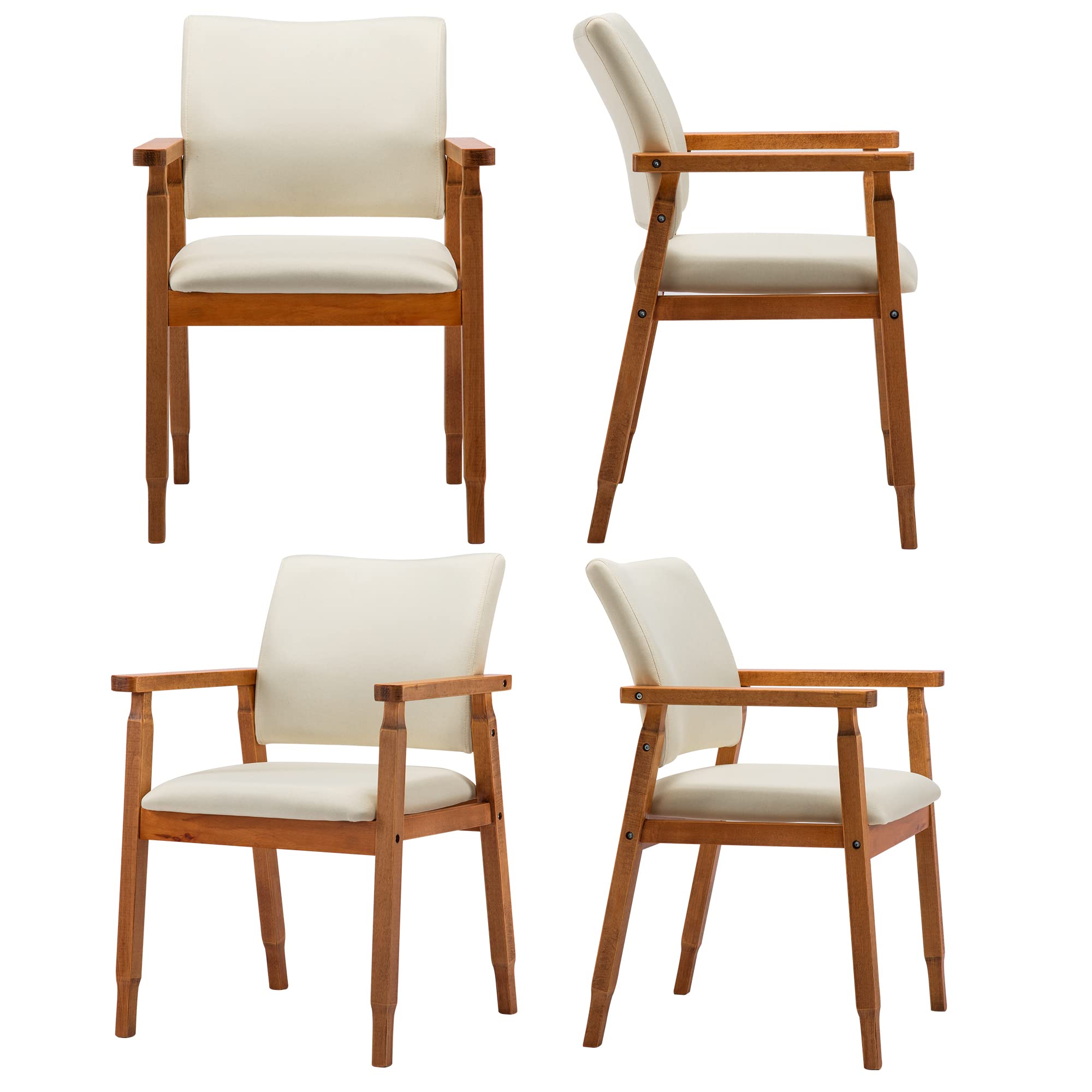 Set of 4 Walnut Dining Chairs with Wooden Arms and Legs - Beige Living Room Decor Furniture for Dining Room, Kitchen, or Home Office