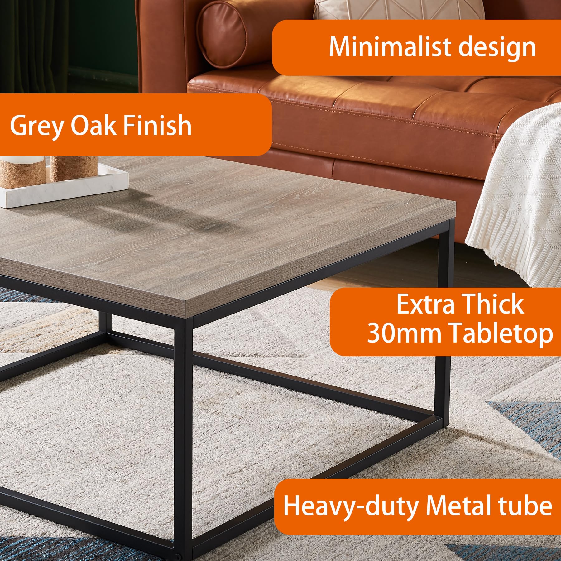 CENSI 40-Inch Grey Oak Rectangle Coffee Table Ottoman - Modern Industrial Style Wood & Metal Living Room Furniture (French Oak) - Perfect for Small Spaces, Apartments & Lounge Areas