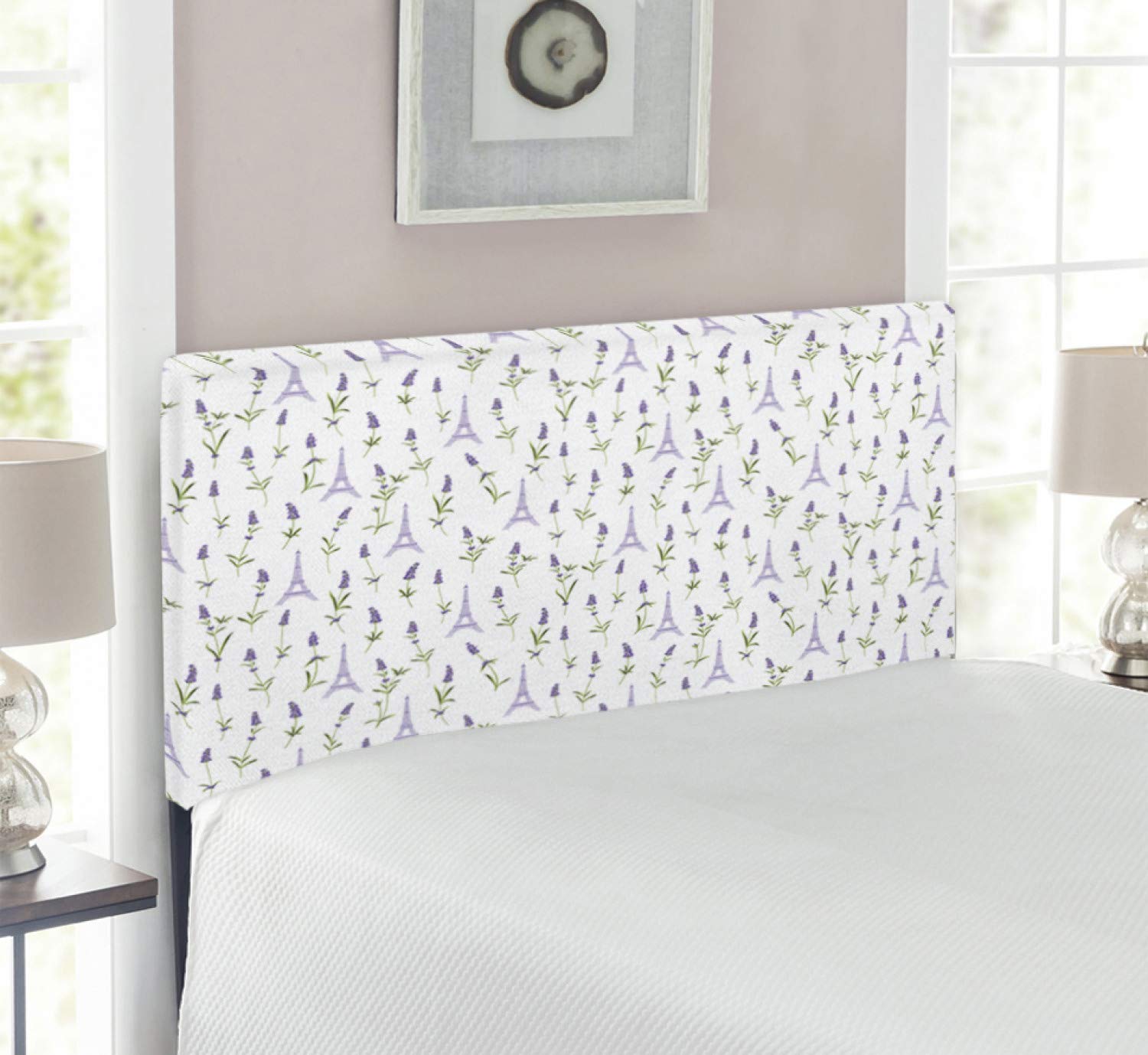 Ambesonne Eiffel Tower Headboard with Lavender Flowers - Rustic Spring Inspired Upholstered Metal Bed Headboard with Memory Foam, Twin Size in Lavender Green & White - Perfect for Bedroom Decor, Guest Rooms & Paris-Themed Home Interiors