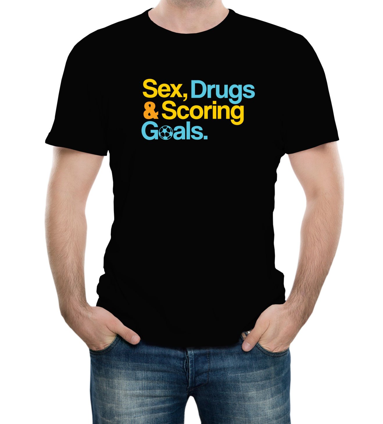 Cool Adult Soccer T-Shirt - Sex Drugs Scoring Goals Design - Funny Modern Stickers & Tees - Perfect for Soccer Fans, Gifts & Casual Wear