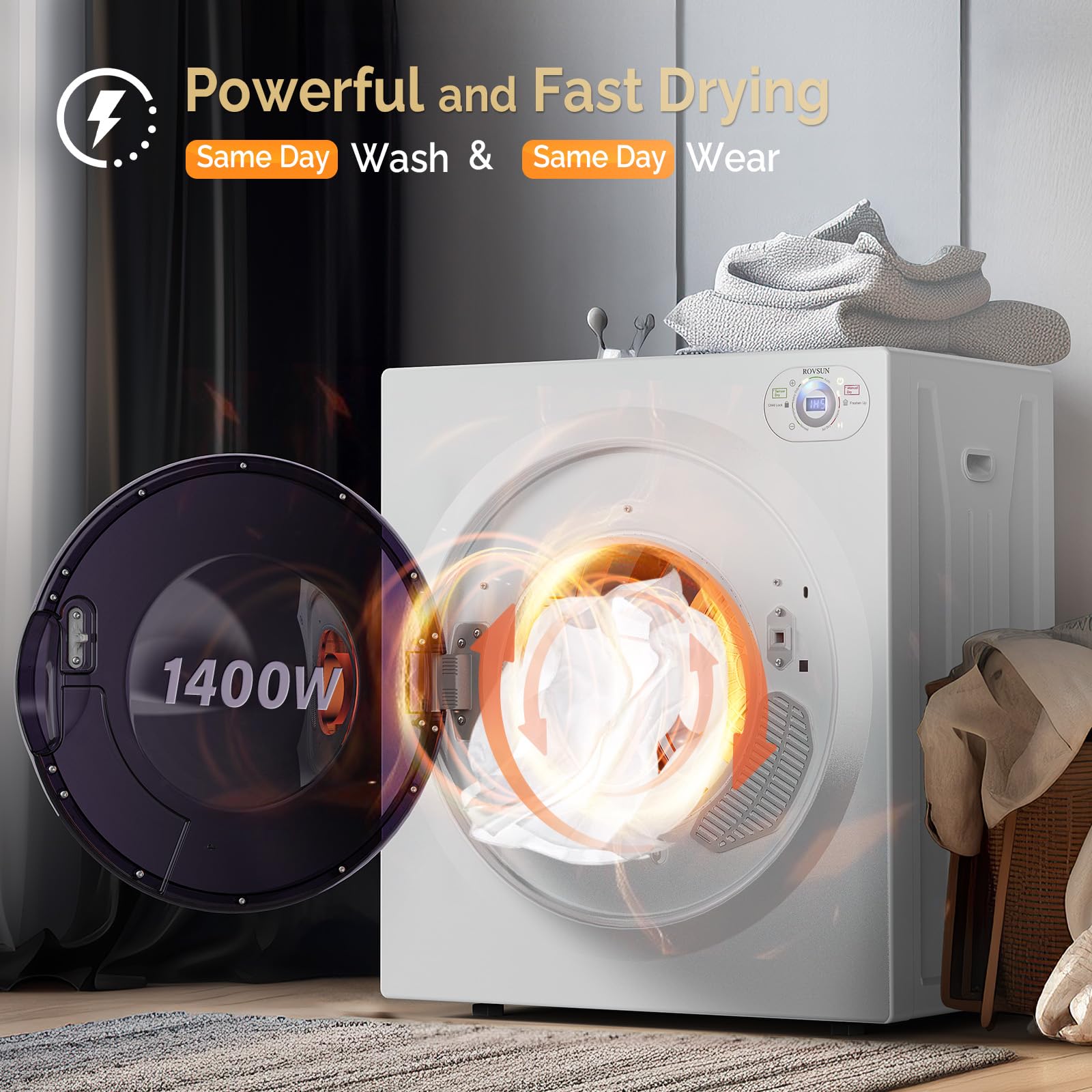 Bonnlo 9LBS Compact Front Load Laundry Dryer - 1400W Stainless Steel Portable Clothes Dryer with LCD Control Panel & 6 Drying Modes - Perfect for Apartments, Homes, Dorms & Small Spaces - Quick Drying for Everyday Laundry Needs