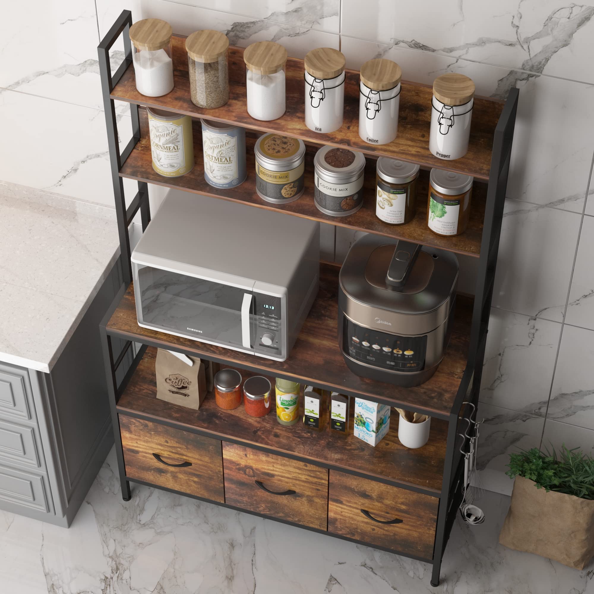 5-Tier Metal Kitchen Bakers Rack with Storage Baskets & Hooks - Free Standing Storage Shelf for Microwave Oven, Spice Jars & Cookware - Perfect for Small Kitchen Organization & Pantry Storage