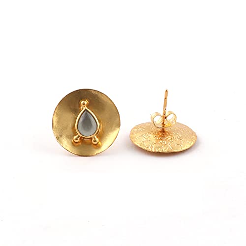 Natural White Moonstone Stud Earrings - 14K Gold Plated Brass Half Bezel Setting Gemstone Jewelry for Women | Elegant Gift for Her, Birthday, Anniversary, Wedding | Boho, Casual & Formal Wear