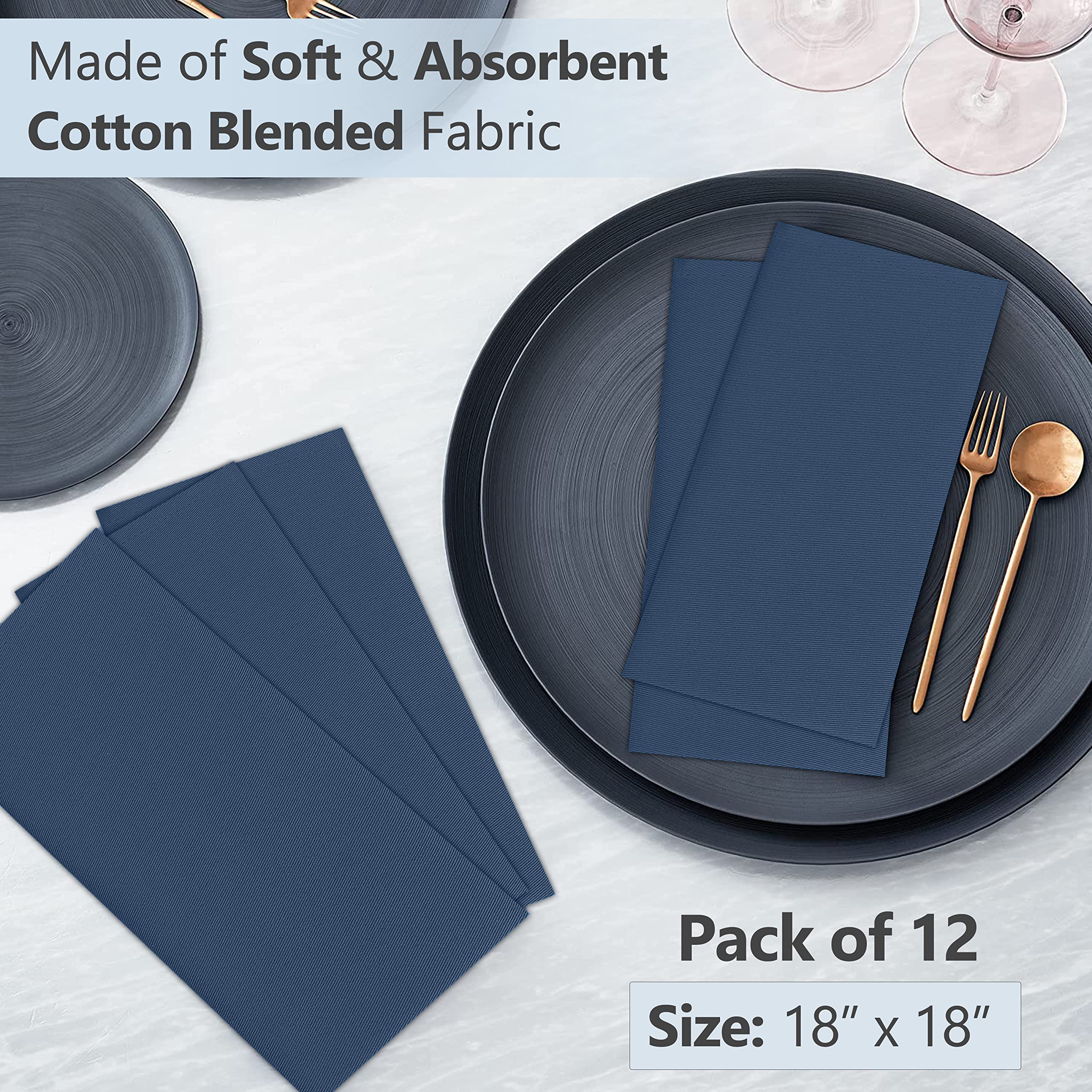 Premium 12-Pack 18x18 Inch Cotton Blend Cloth Napkins - Soft, Durable & Absorbent Washable Dinner Napkins for Restaurants, Weddings, Parties & Everyday Use - Navy Blue Table Linens for Elegant Dining & Special Occasions