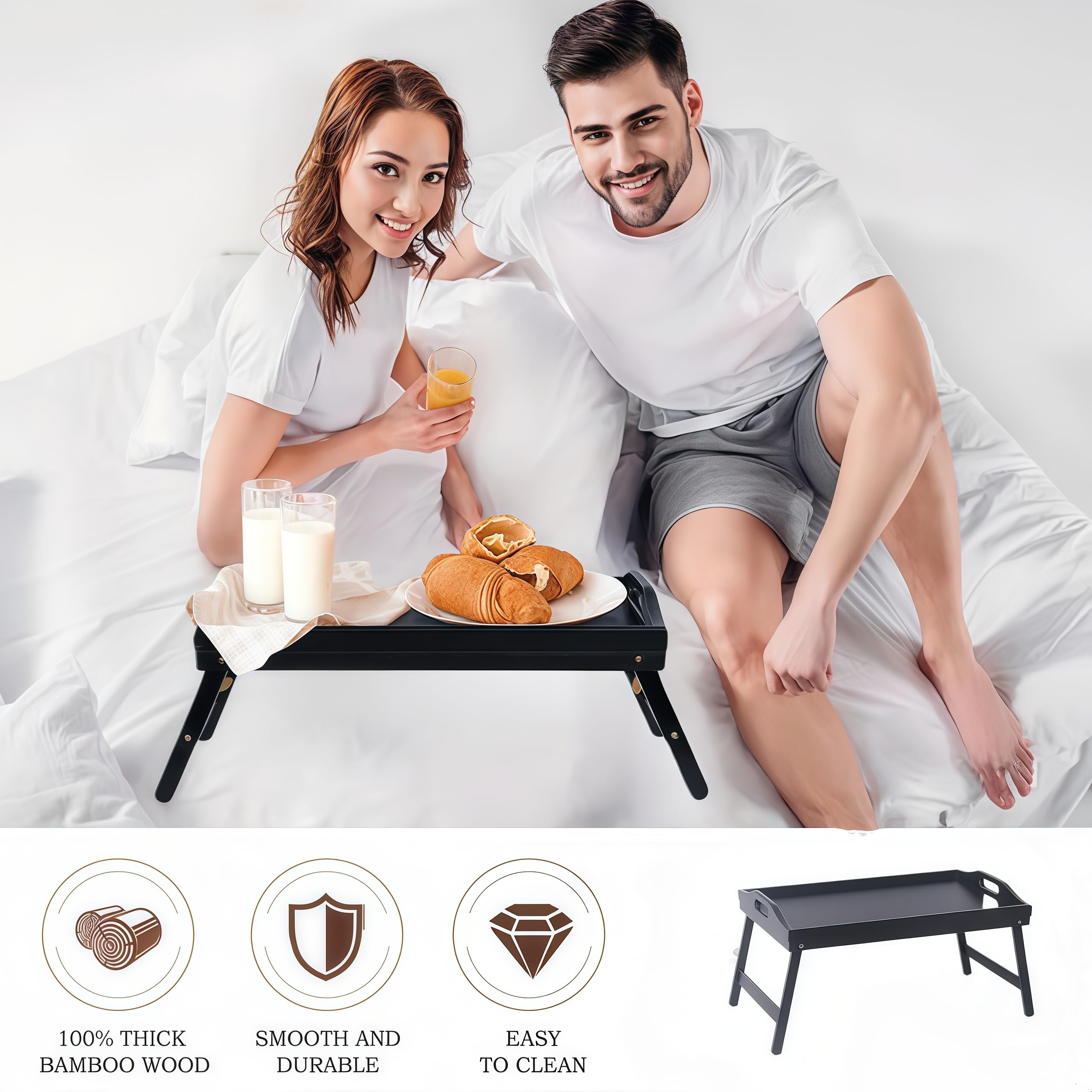 Foldable Wooden Bed Tray Table with Adjustable Legs - Portable Breakfast Serving Tray for Sofa, Bed, Eating, Working & Studying | Perfect for Breakfast in Bed, Laptop Desk, Snack Tray & Home Office (Black)