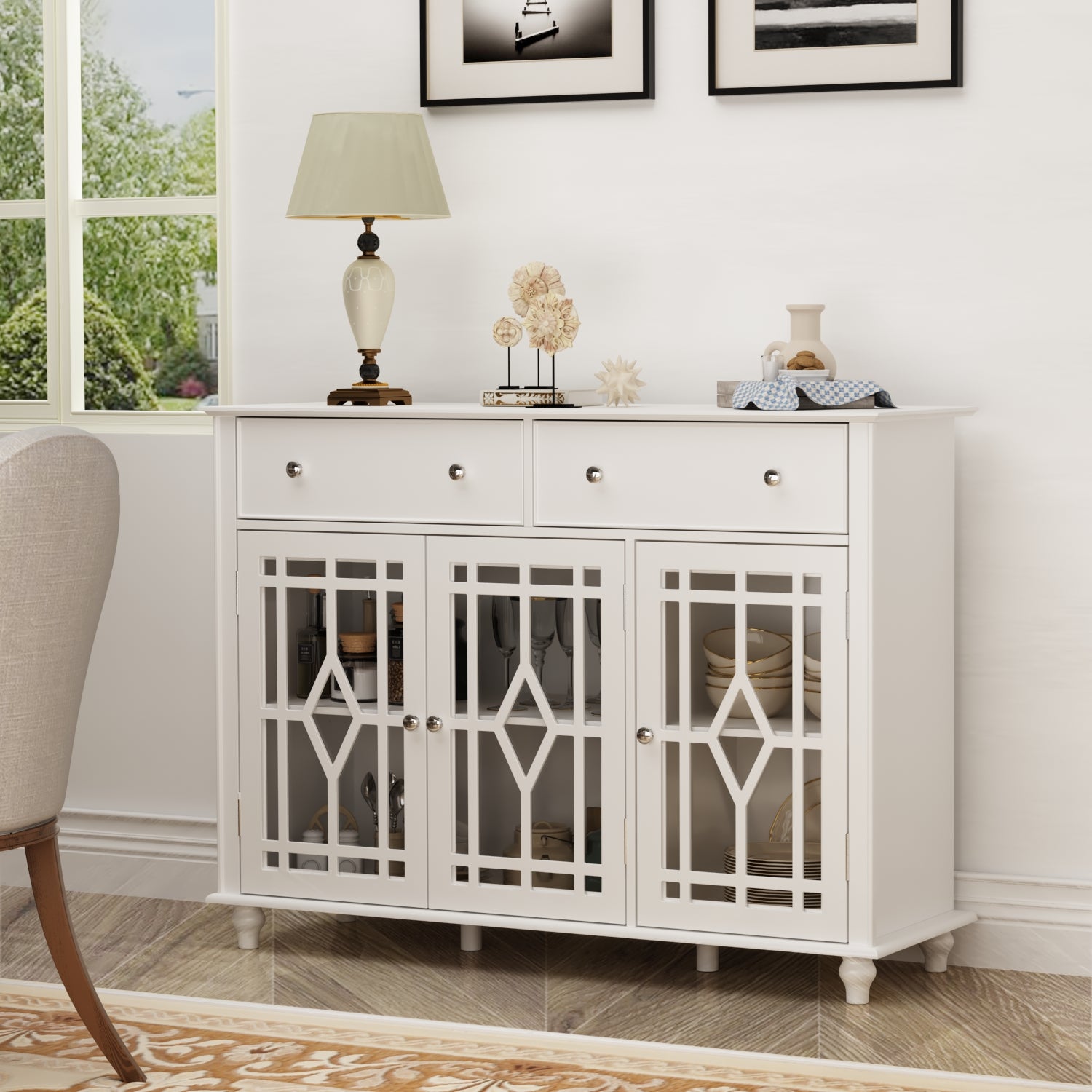 White Buffet Cabinet with Glass Doors - Stylish Storage Sideboard Organizer for Dining Room, Kitchen, or Living Room - Perfect for Displaying China, Linens & Home Decor
