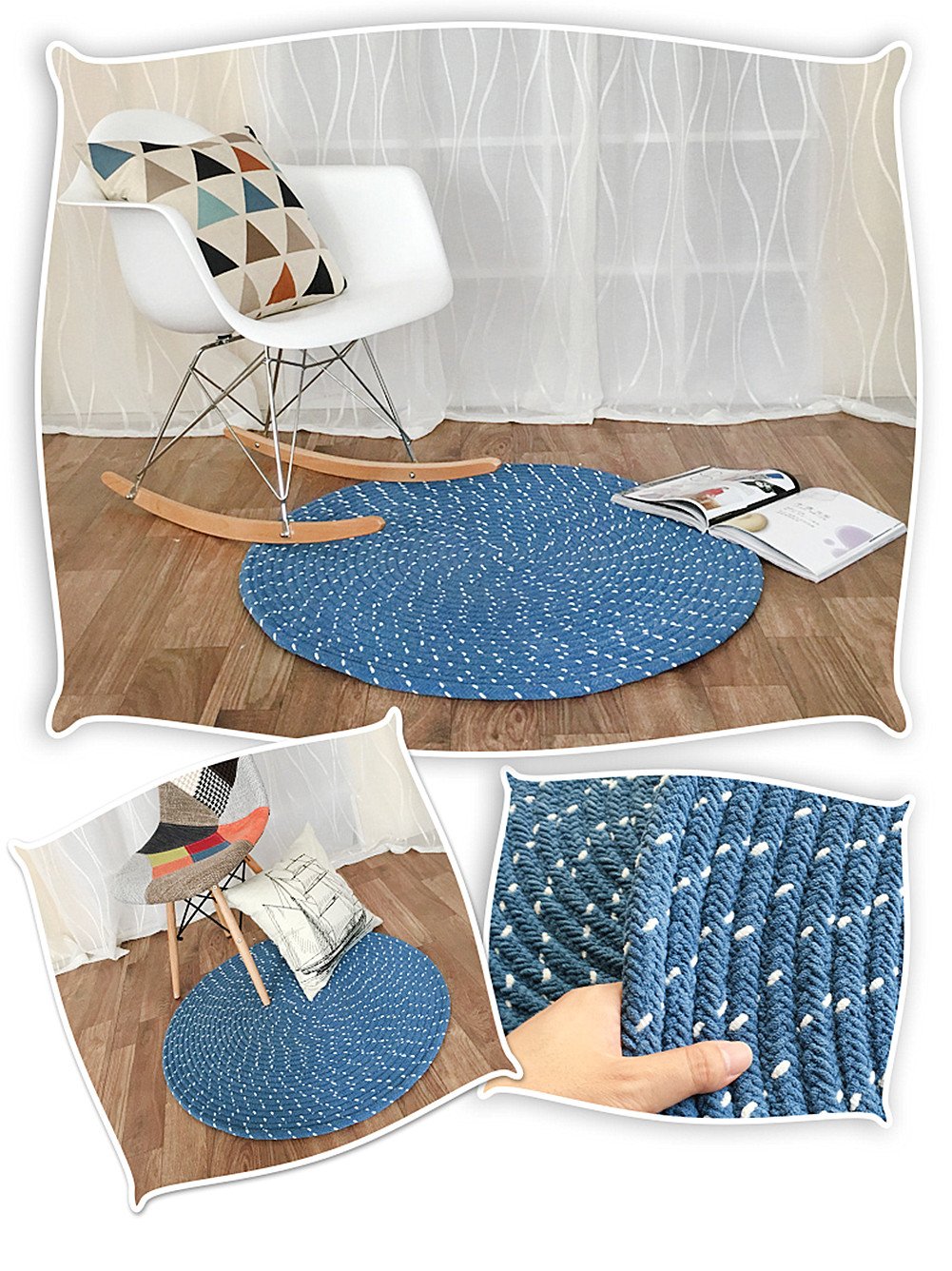 UKELER 5FT Round Soft Handmade Braided Cotton Area Rug - Blue Boho Chic Floor Mat for Living Room, Bedroom & Nursery | Non-Slip Eco-Friendly Home Decor