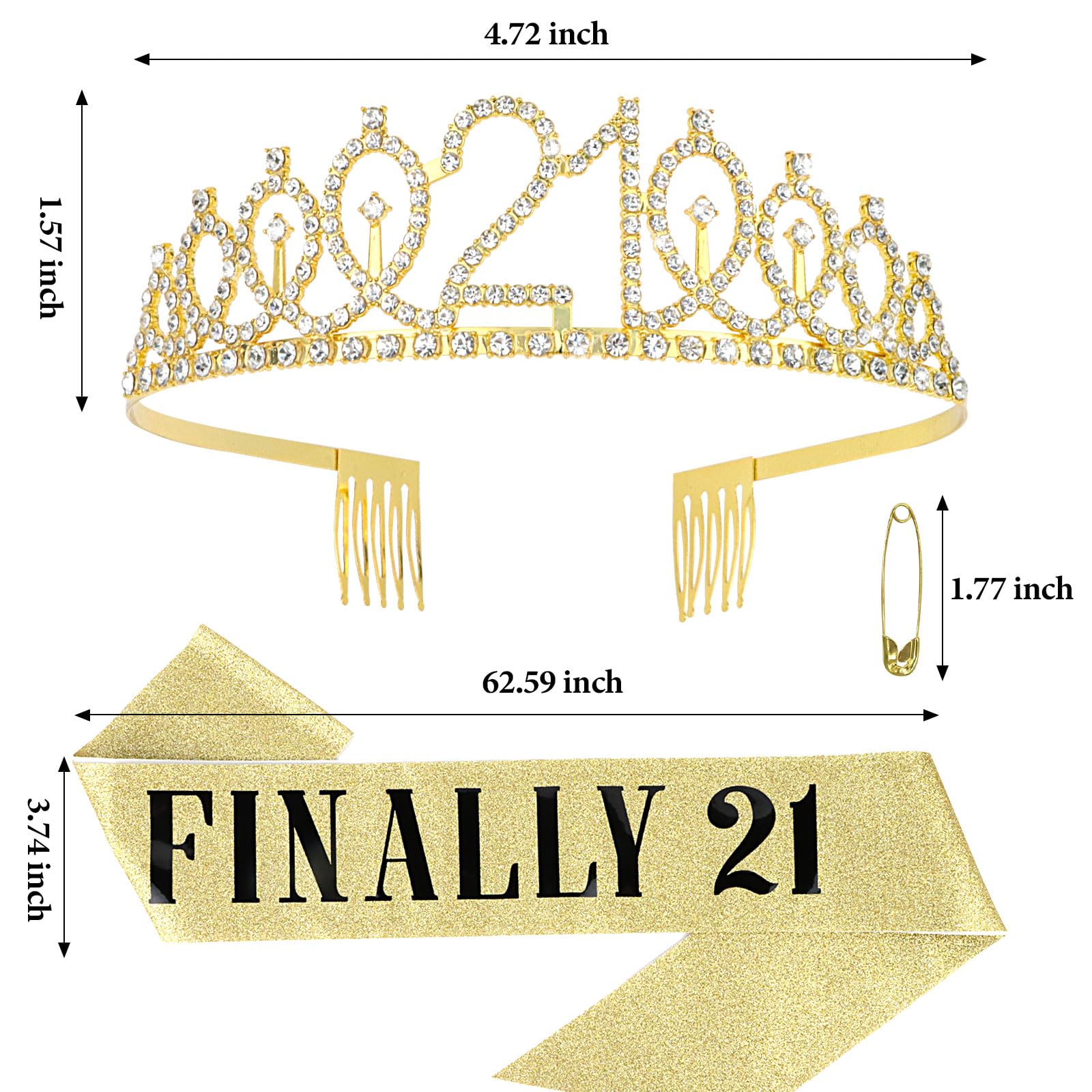 21st Birthday Crown and Sash Set for Women - Gold Rhinestone Tiara & Satin Sash - 21st Birthday Party Decorations & Gifts for Girls - Perfect for Birthday Photos, Celebrations & Milestone Parties