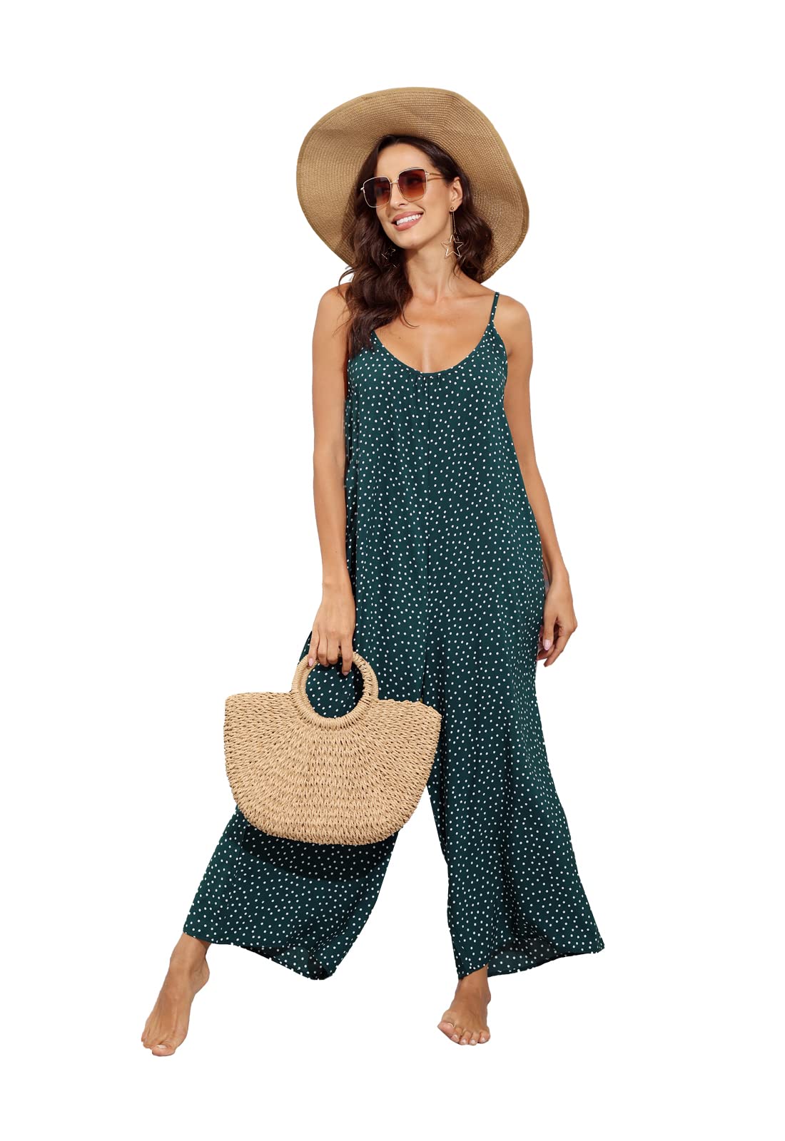 Wexcen Women's Floral Wide Leg Jumpsuit - Spaghetti Strap Sleeveless Romper with Pockets | Casual Loose Fit Ethnic Style for Summer, Beach, Vacation & Boho Fashion