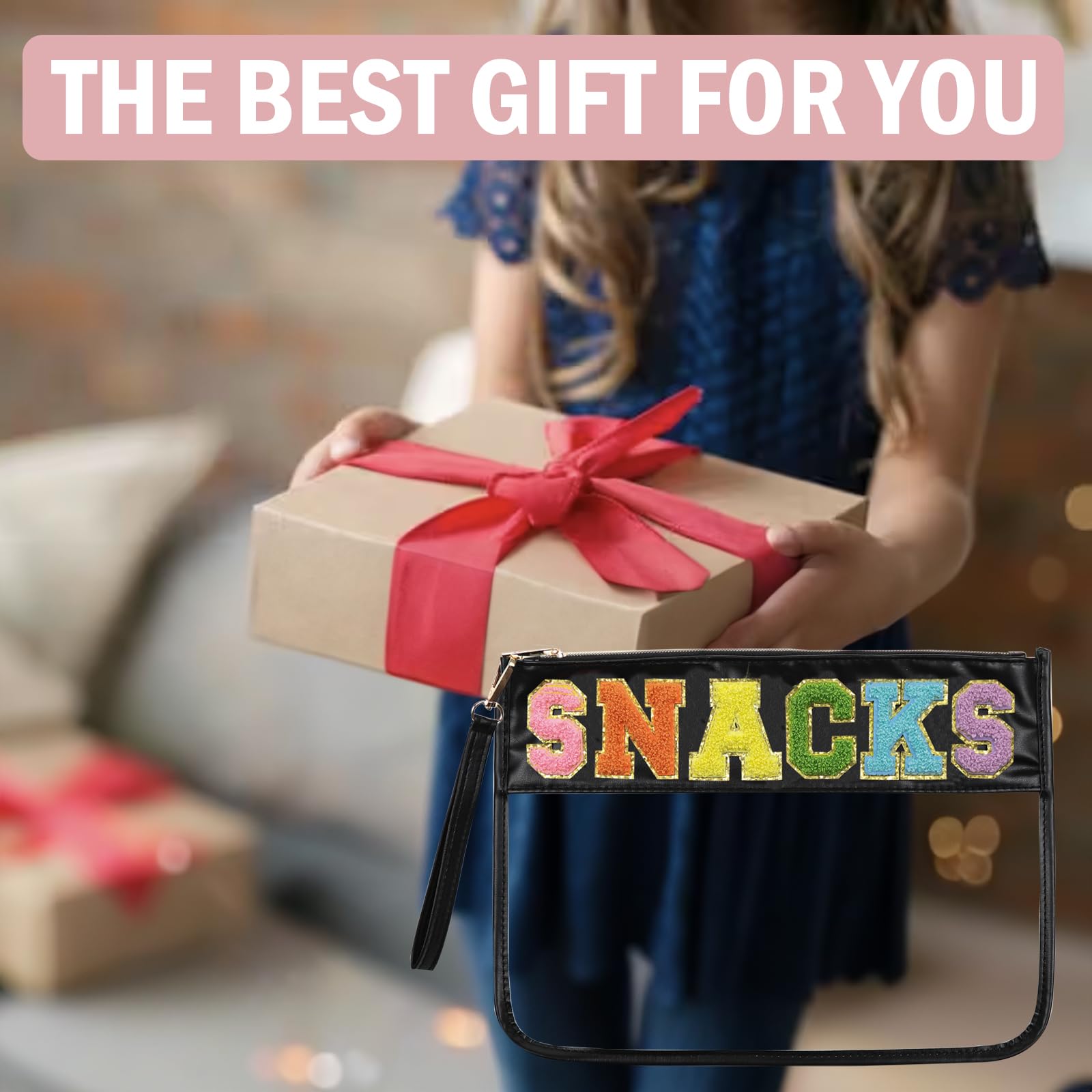 Snack Bags Pouch | Travel Makeup Bag with Chenille Letter | Clear Cosmetic Zipper Pouch | Women's Tote & Travel Organizer | Perfect for Snacks, Makeup Storage & On-the-Go Essentials