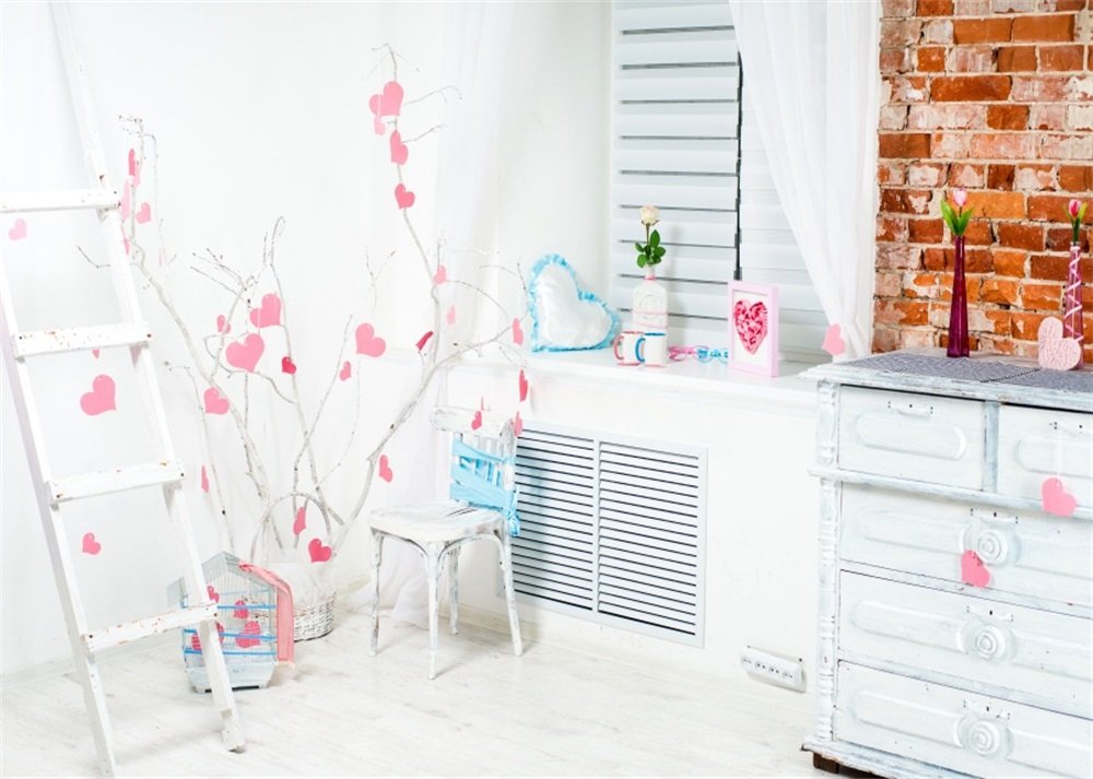 Leowefowa 7x5FT Vinyl Photography Backdrop - Pink Hearts on Tree Branch with White Cabinet & Brick Wall Design for Living Room, Kids & Adults Photo Studio Props | Perfect for Birthday Parties, Baby Showers, and Portrait Photography
