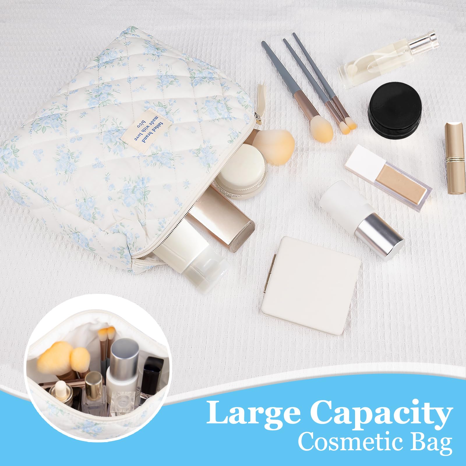 Floral Makeup Bag for Women & Girls - Large Quilted Cosmetic Pouch with Blue Rose Design, Cute Cotton Travel Toiletry Organizer | Perfect for Travel, Gym & Daily Essentials Storage