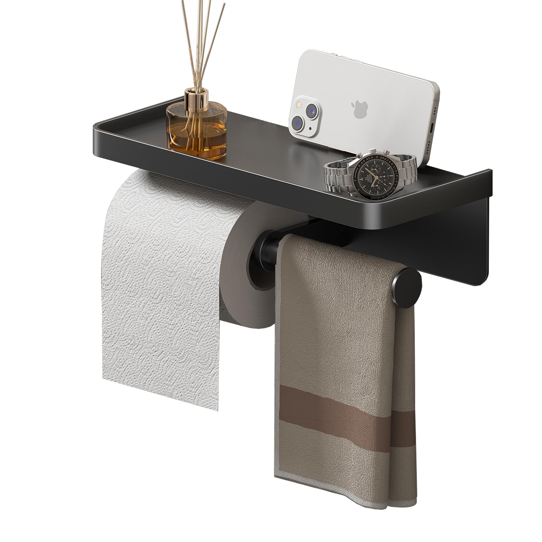 Double Toilet Paper Holder with Shelf - Wall Mounted Bathroom & Kitchen Tissue Roll Holder - Matte Black Paper Towel Rack for RV, Home, Office - Includes Adhesive & Screw Installation - Space Saving Bathroom Organizer for Small Spaces