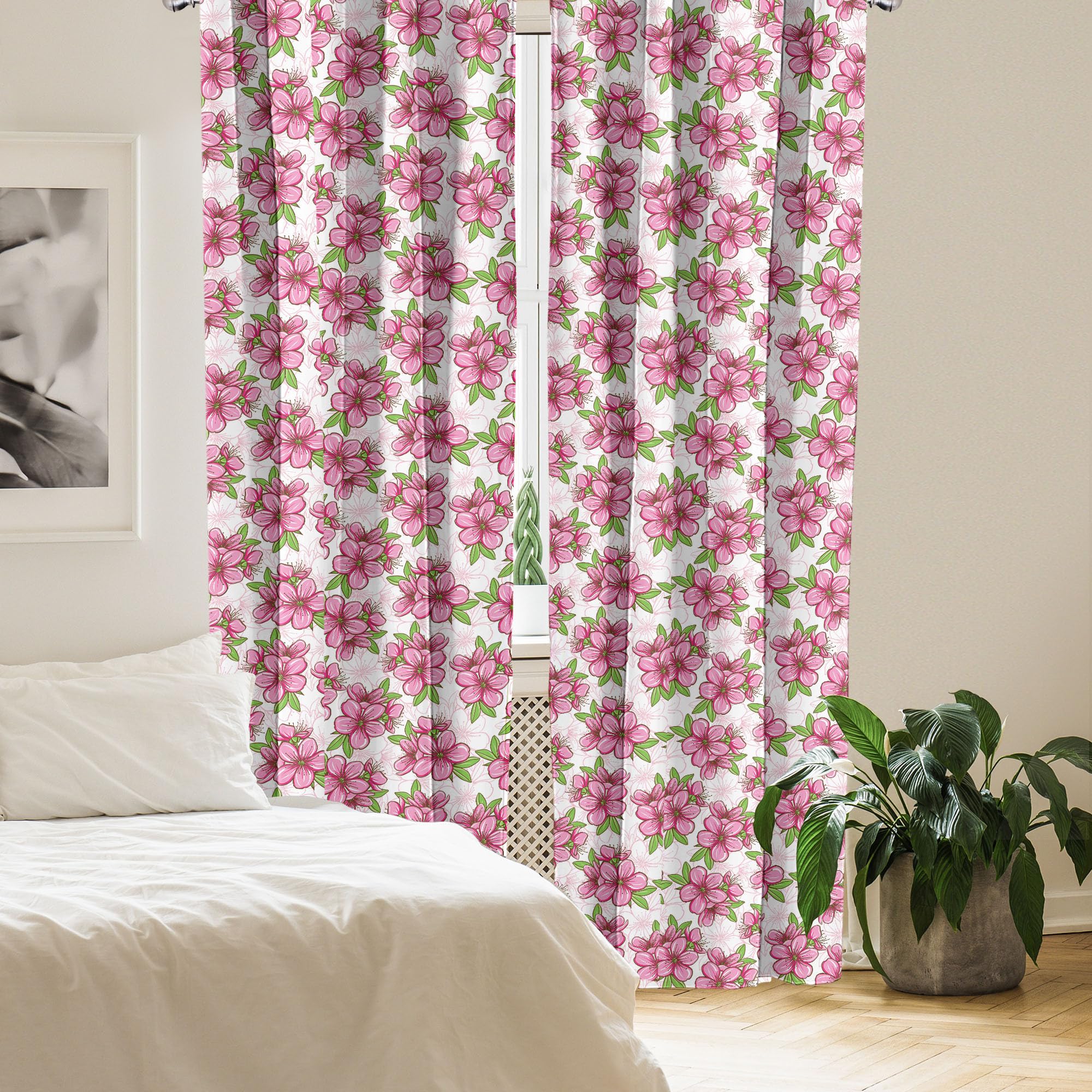 Ambesonne Almond Blossom Curtains - Cherry Blossom Floral Pattern with Green Leaves, Pink Green White Window Drapes, 2 Panel Set (28x63 Inches) for Living Room Bedroom Decor, Home & Office Use