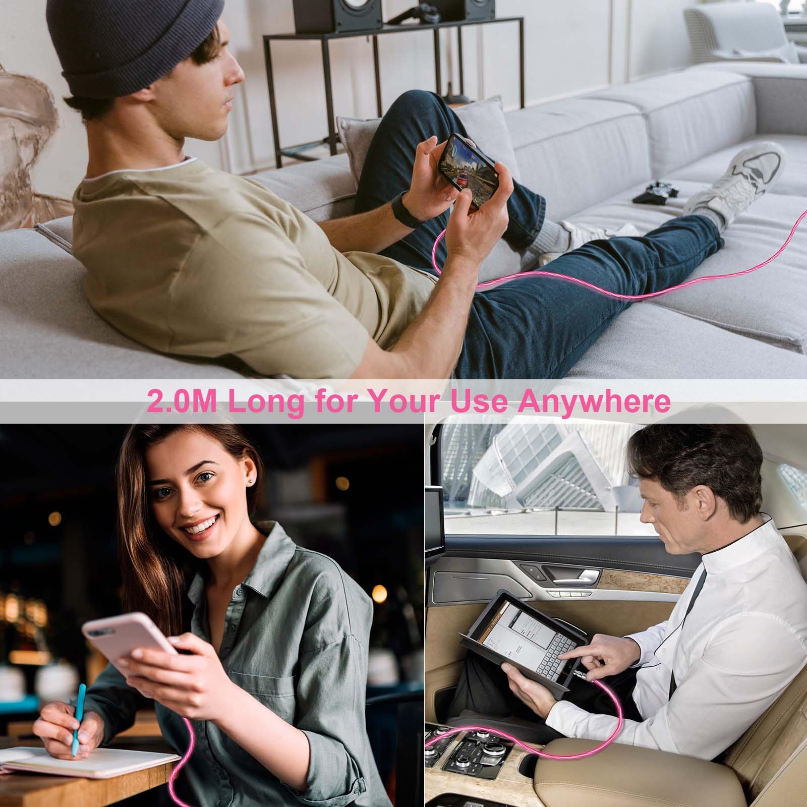 180° Rotating Fast Charging Lightning Cable 2M with LED Flowing Light - USB to Lightning Charger for iPhone 14/13/12/11/Pro Max/XS/XR/8/7/6 & iPad - Perfect for Home, Office & Travel Use