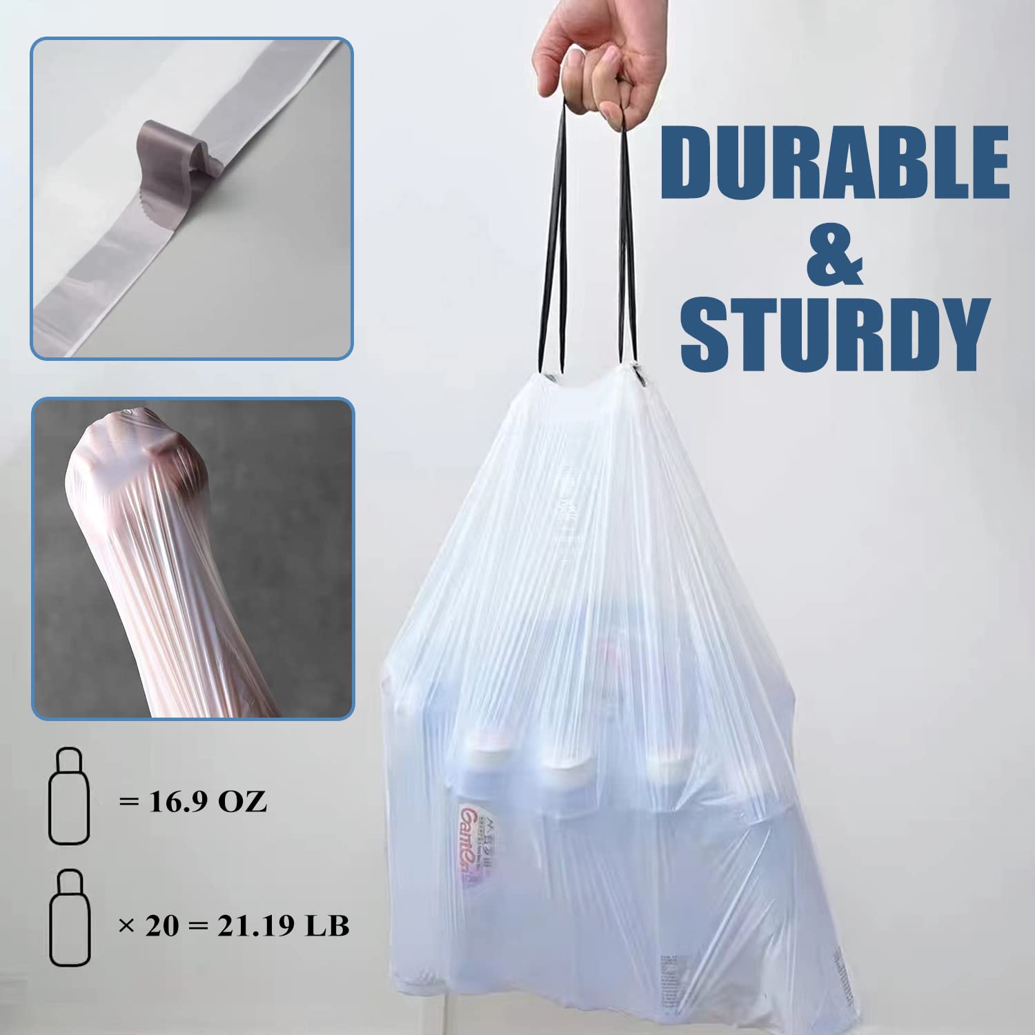 4 Gallon Small Trash Bags with Drawstring - Unscented White Garbage Can Liners (57 Count) for Bathroom, Office, Bedroom & Kitchen Waste Disposal