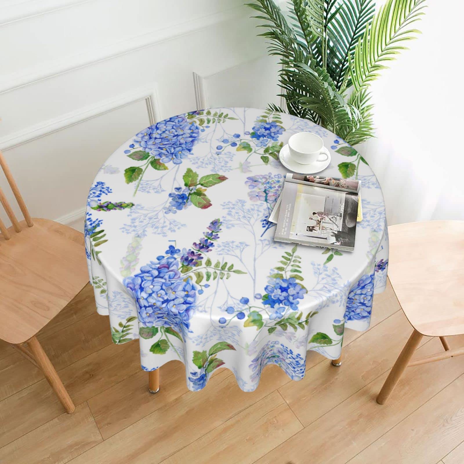 Blue Hydrangea Watercolor Round Tablecloth - 60 x 60 Inch Stain & Wrinkle Resistant Polyester Table Cover for Kitchen, Dining, Coffee Party | Perfect for Indoor/Outdoor Entertaining, Weddings & Home Decor