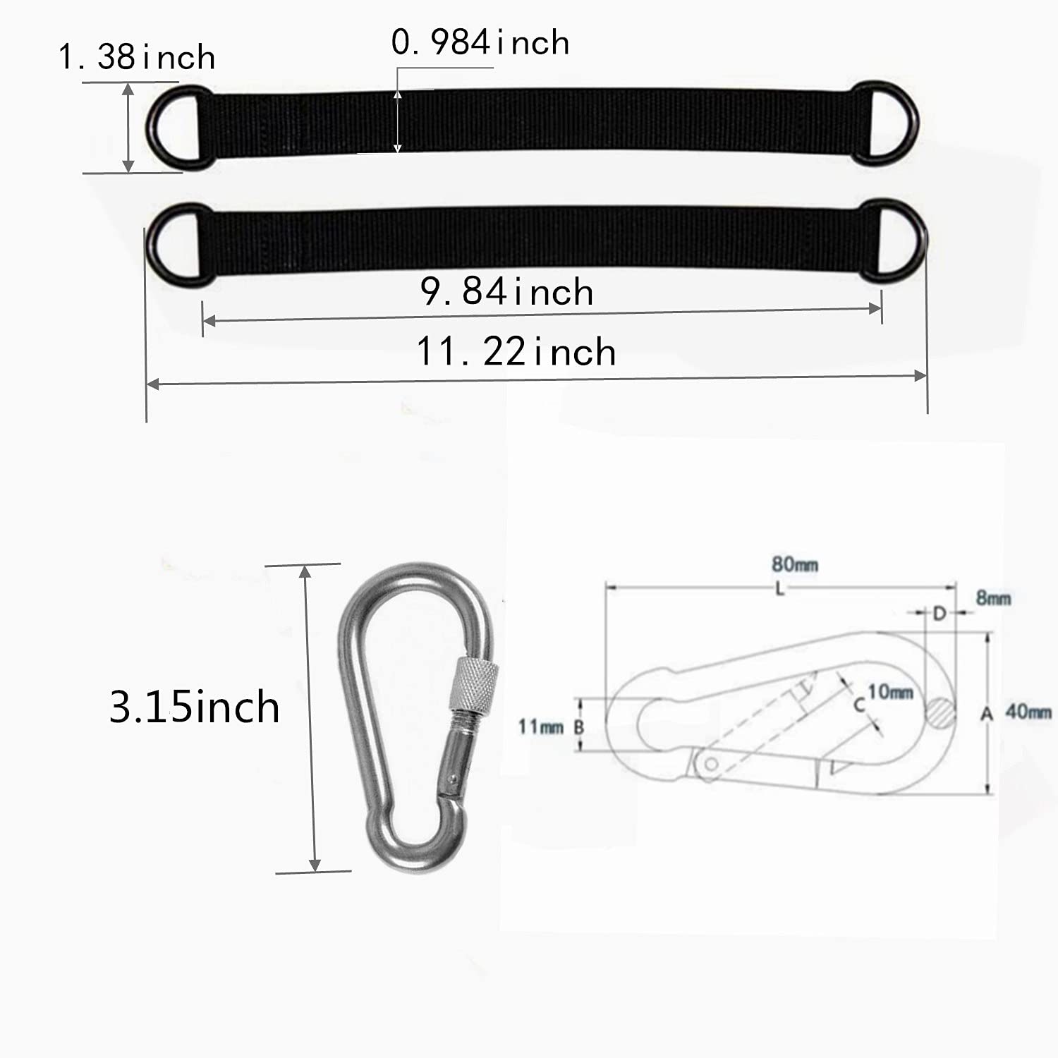 Heavy Duty Tree Swing Straps 2 Pack - 9.84 Inch Hammock Hanging Kit with Safety Lock Carabiner Hooks for Outdoor Swings, Yoga Hammocks, Gym Equipment & Pulley Systems - Perfect for Backyard, Park & Camping Use