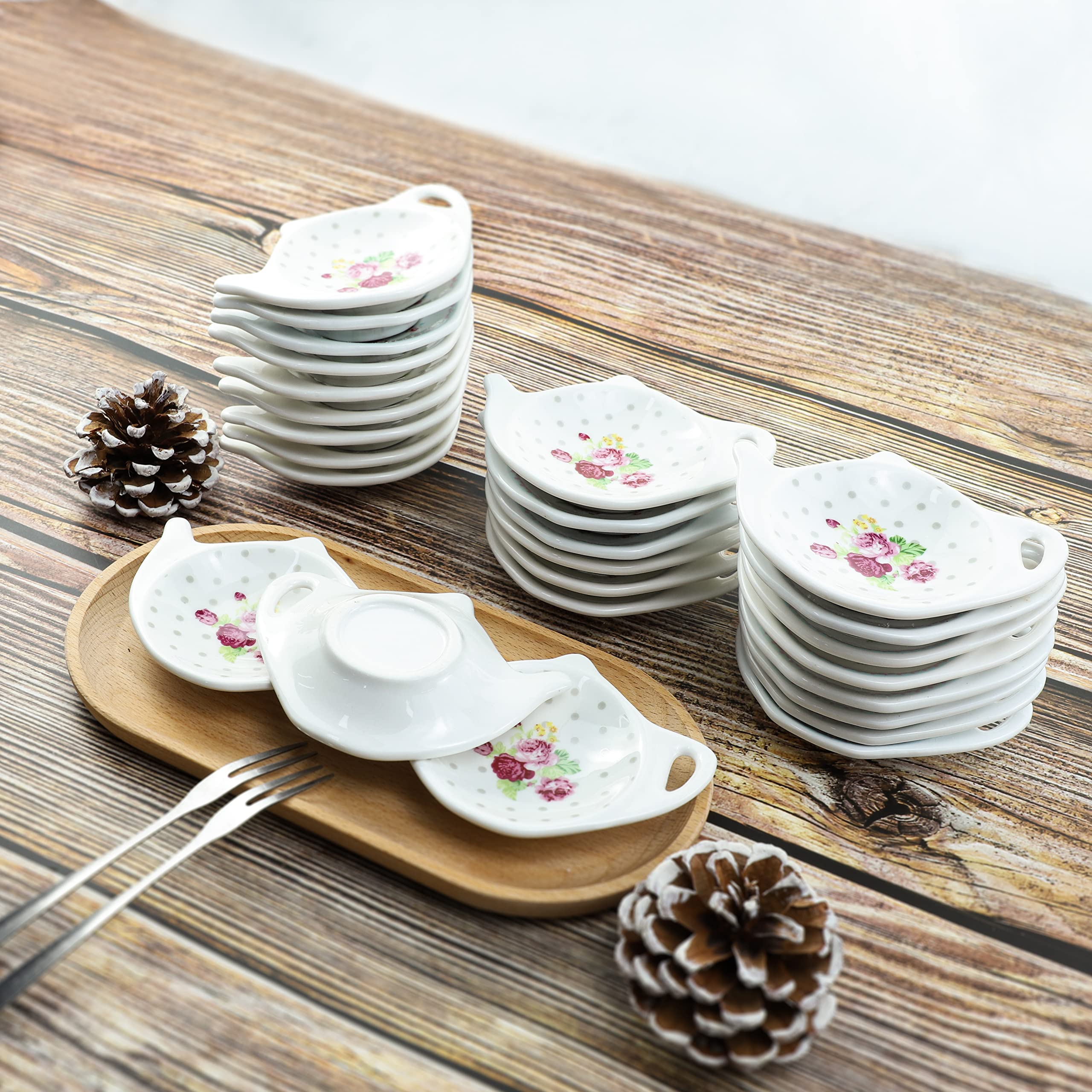Polka Dot Floral Tea Bag Holder - Porcelain Teapot-Shaped Coaster & Saucer Set (4 Inch/10cm, 5-Piece) - Perfect for Tea Parties, Kitchen Decor, and Gift Giving