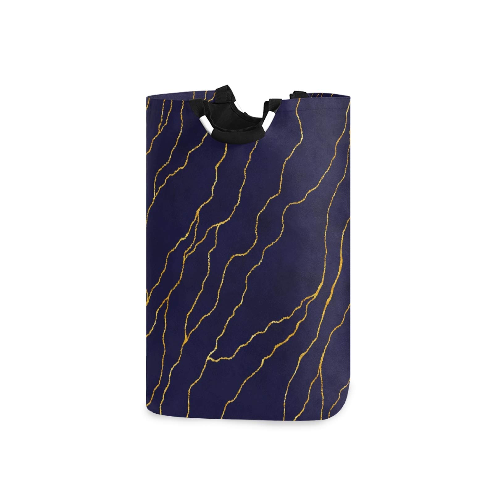 Susiyo Collapsible Laundry Hamper - Foldable Navy Blue Clothes Basket with Gold Foil Lines & Handles, Large Storage Organizer for Kids Room, Bathroom, Toy Bin | Perfect for Laundry, Clothes Storage & Home Organization