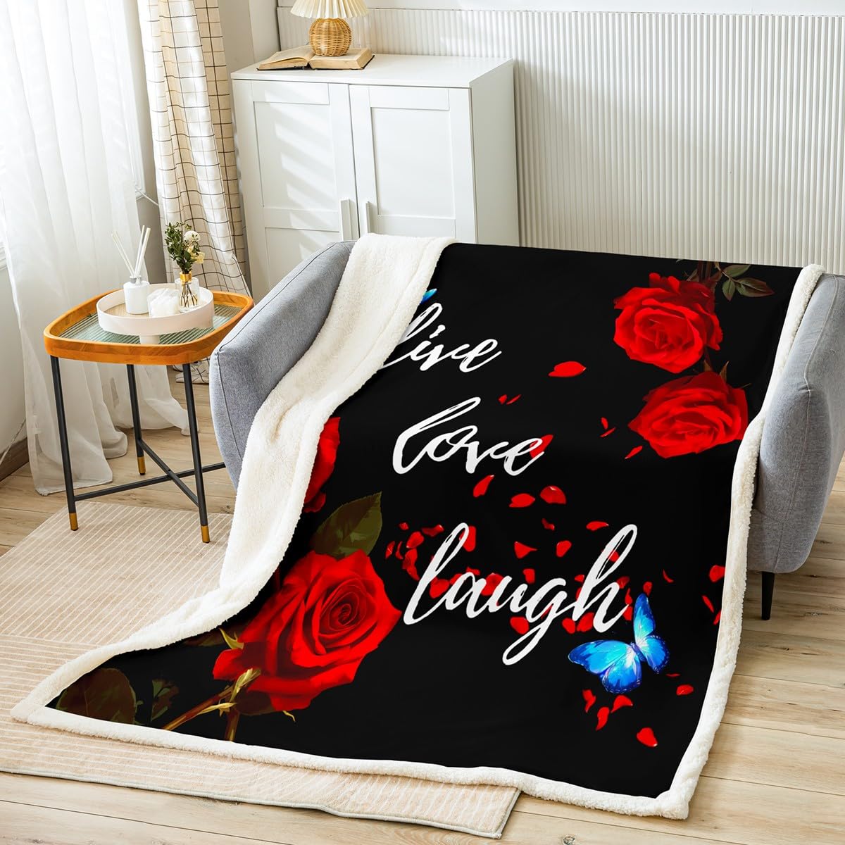 Red Rose Floral Sherpa Fleece Throw Blanket - 40x50 Inch Soft Plush Blanket with Funny Quotes, Flowers & Butterflies - Cozy Inspirational Live Love Laugh Fuzzy Blanket for Sofa, Bed, Couch - Perfect for Home Decor, Gift Giving & Winter Snuggling