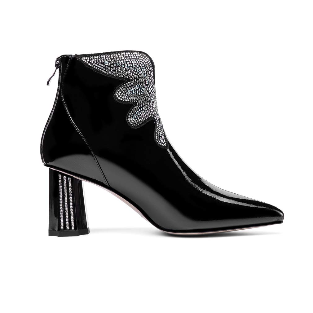 TinaCus Women's Fashion Ankle Boots - Patent Leather Chunky Heel Pointed Toe with Rhinestone Decor & Back Zipper, Plus Size Comfort - Perfect for Office, Party & Night Out
