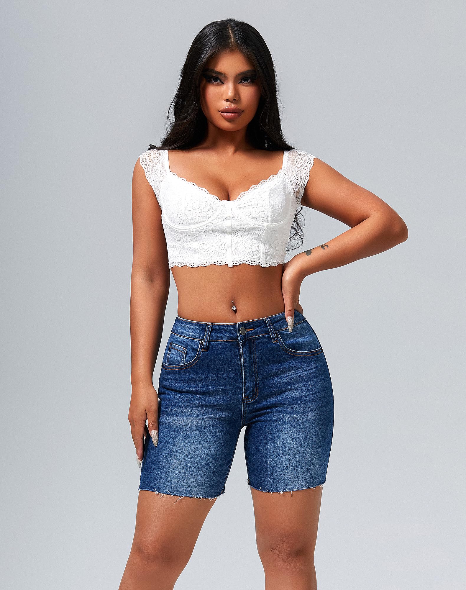 Roswear Women's High Waisted Stretchy Denim Shorts - Mid Thigh Cut Off Jean Shorts for Summer, Casual Wear & Beach Outfits