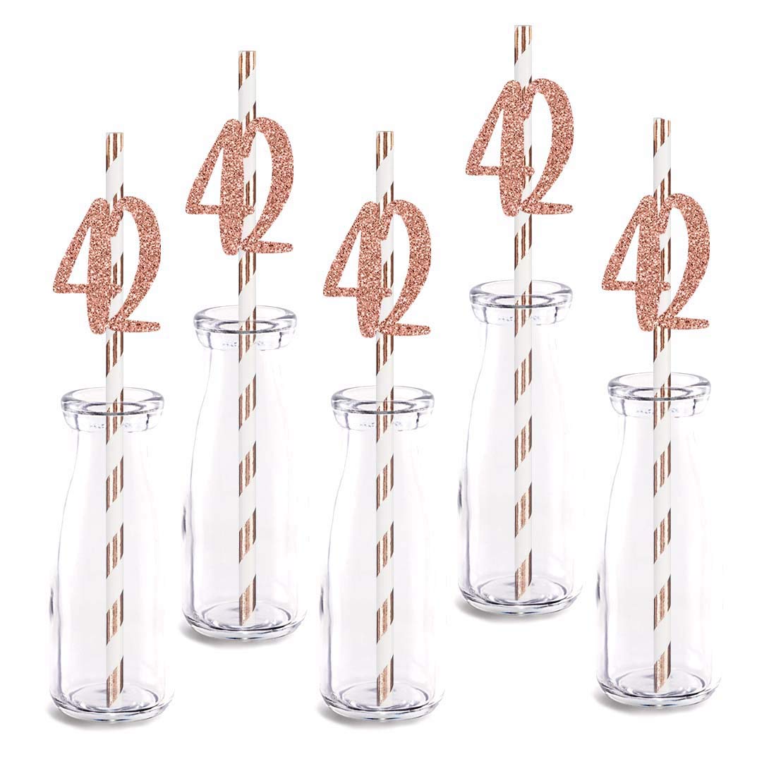 Rose Gold Glitter 42nd Birthday Straw Decorations - 24pcs Cut-Out Number 42 Drinking Straws for Party Supplies | Perfect for Birthday Celebrations, Anniversaries & Special Events