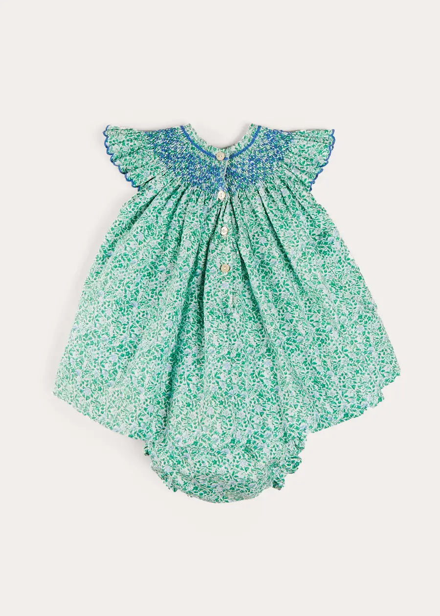 Adelaide Floral Hand Smocked Sleeveless Dress with Bloomers - Green Baby Girl Outfit for 3 Months to 3 Years | Perfect for Spring Photoshoots, Easter Sunday & Special Occasions