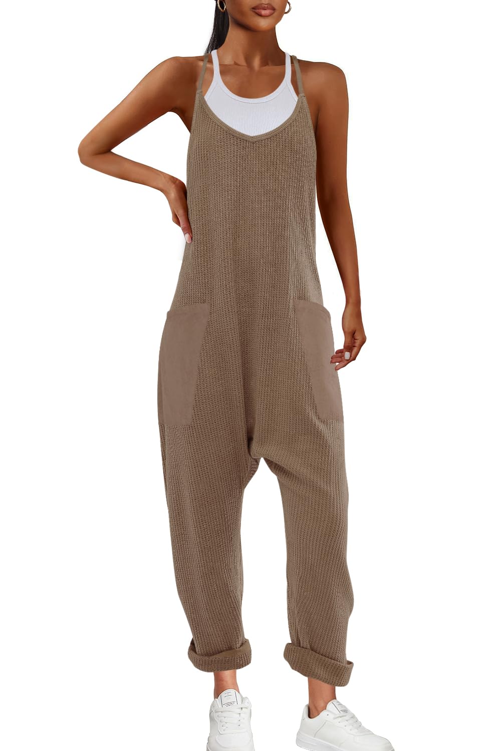 Nirovien Women's Waffle Knit Jumpsuit - Oversized Sleeveless Romper with Pockets | Casual One Piece Outfit for Fall | Perfect for Lounge Wear, Street Style & Travel Outfits