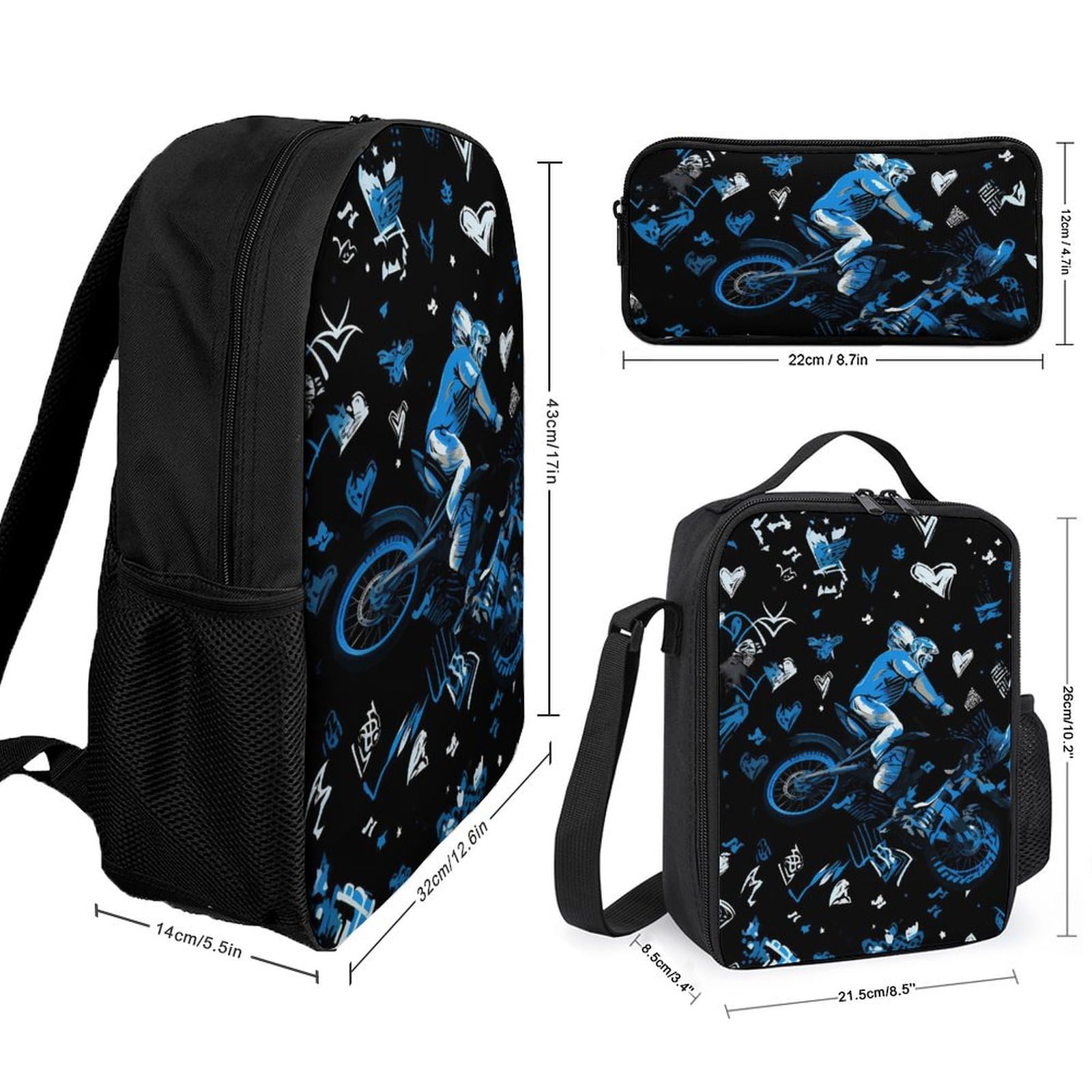 3Pcs Motorcycle Backpack Set - 17 Inch Laptop Backpack, Travel Daypack with Lunch Box & Pencil Case for Commuting, School & Outdoor Adventures