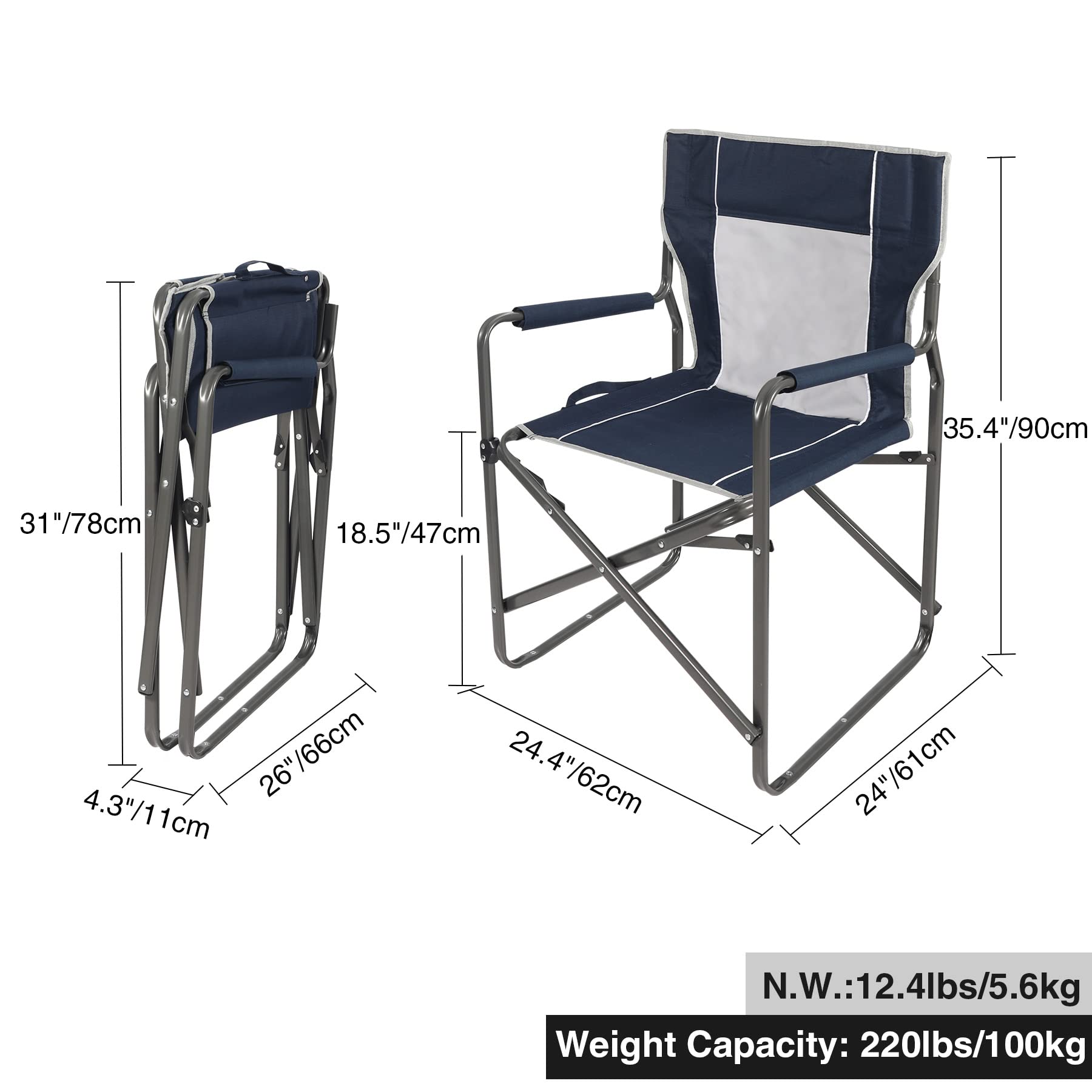 Heavy Duty Steel Folding Director Chair for Adults - Portable Lightweight Camping Chair for Outdoor, Indoor, Patio, Lawn, Travel, Sports & Fishing - Navy Blue - Perfect for Camping Trips, Backyard BBQs and Beach Outings