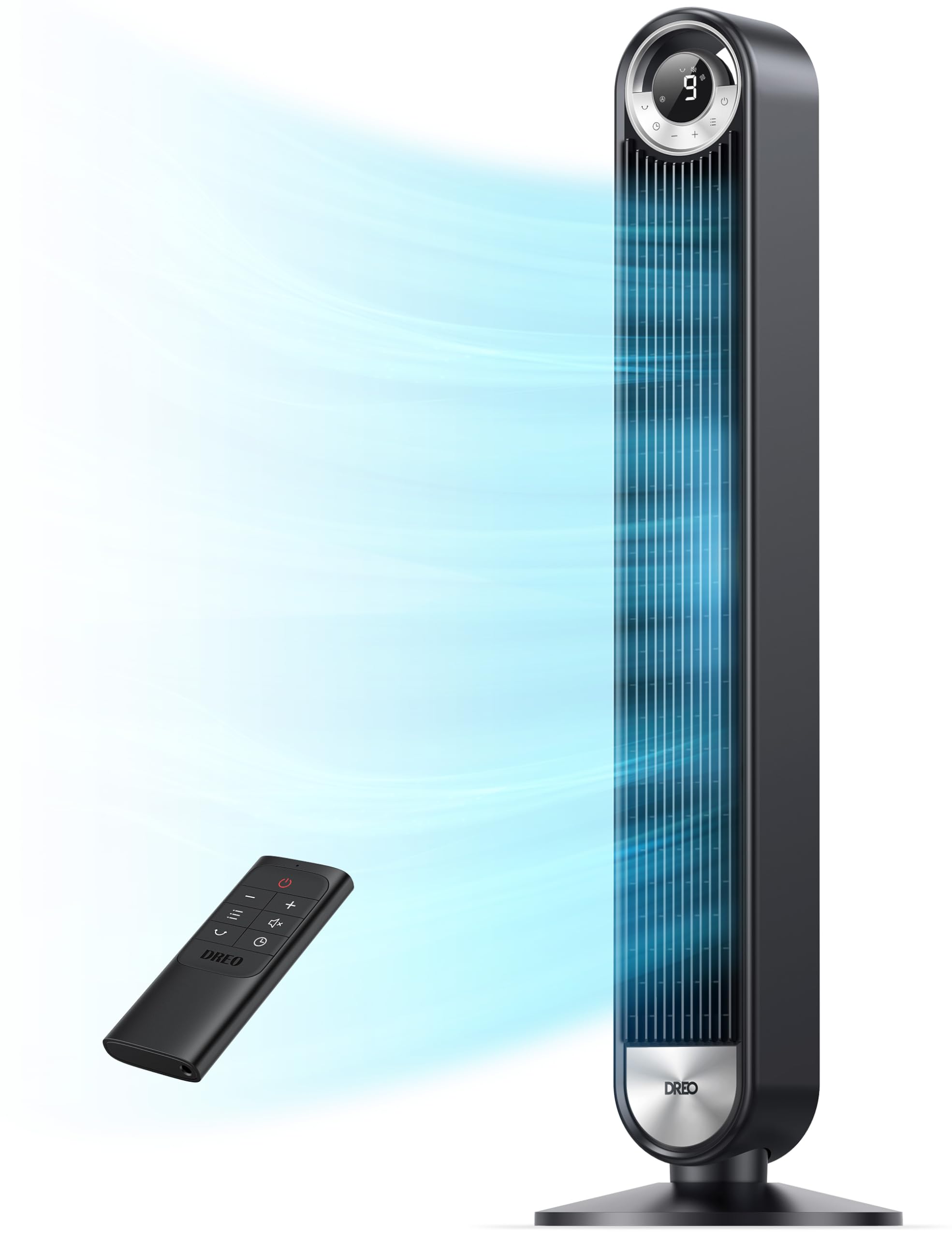 Dreo Bladeless Tower Fan for Bedroom - Ultra Quiet DC Motor with 9 Speeds, 90° Oscillation & 28ft/s Airflow - 12H Timer Standing Floor Fan for Home, Office, Nursery - Perfect for Cooling, White Noise & Air Circulation
