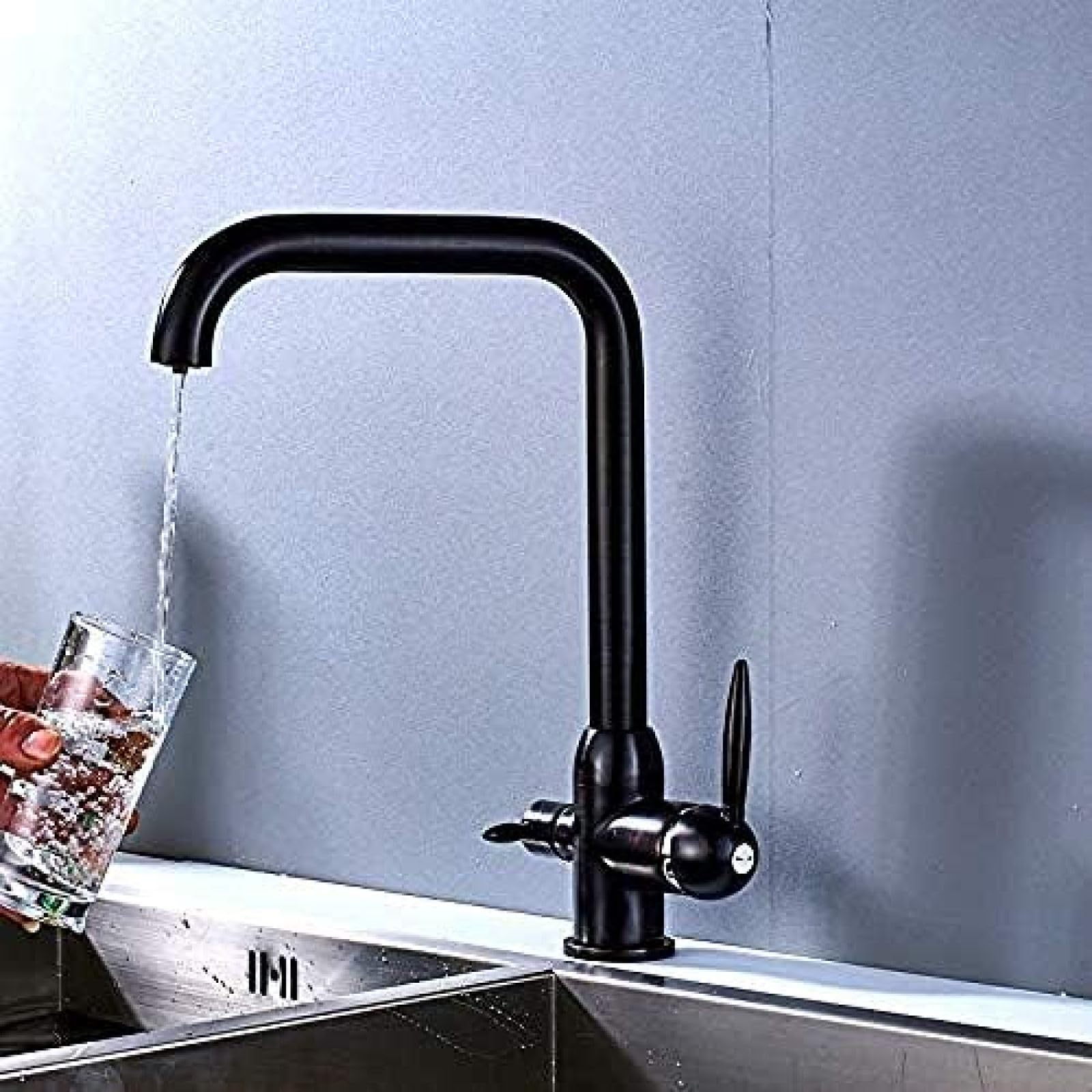 CRJUS Dual Handle Kitchen Faucet with 360° Swivel Spout - Deck Mounted Mixer Tap with Hot/Cold Water Control & Filtration System - Perfect for Modern Kitchens, Restaurant Prep Areas & RV Camping