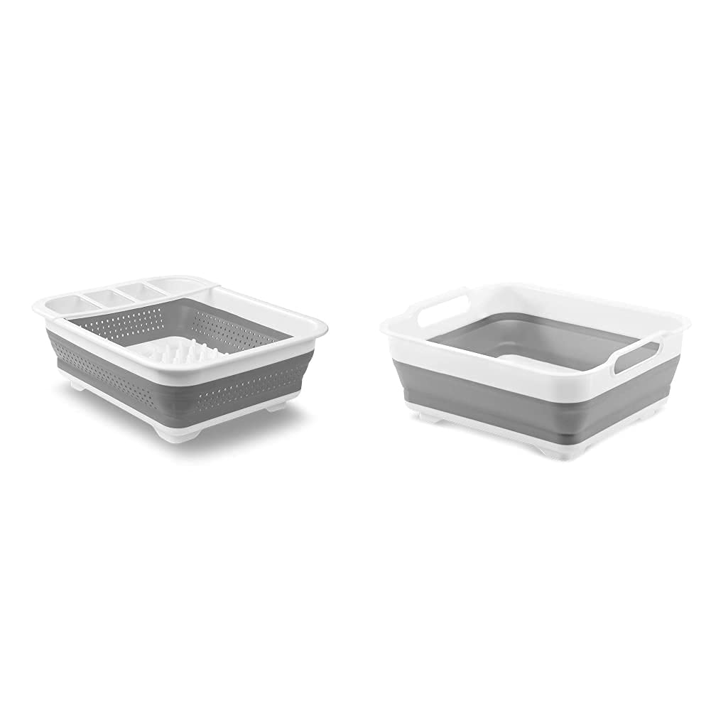 madesmart Collapsible Dish Rack & Wash Basin Set - Space-Saving Grey & White Kitchen Organizer for Drying Dishes & Food Prep | Perfect for Small Apartments & RV Kitchens