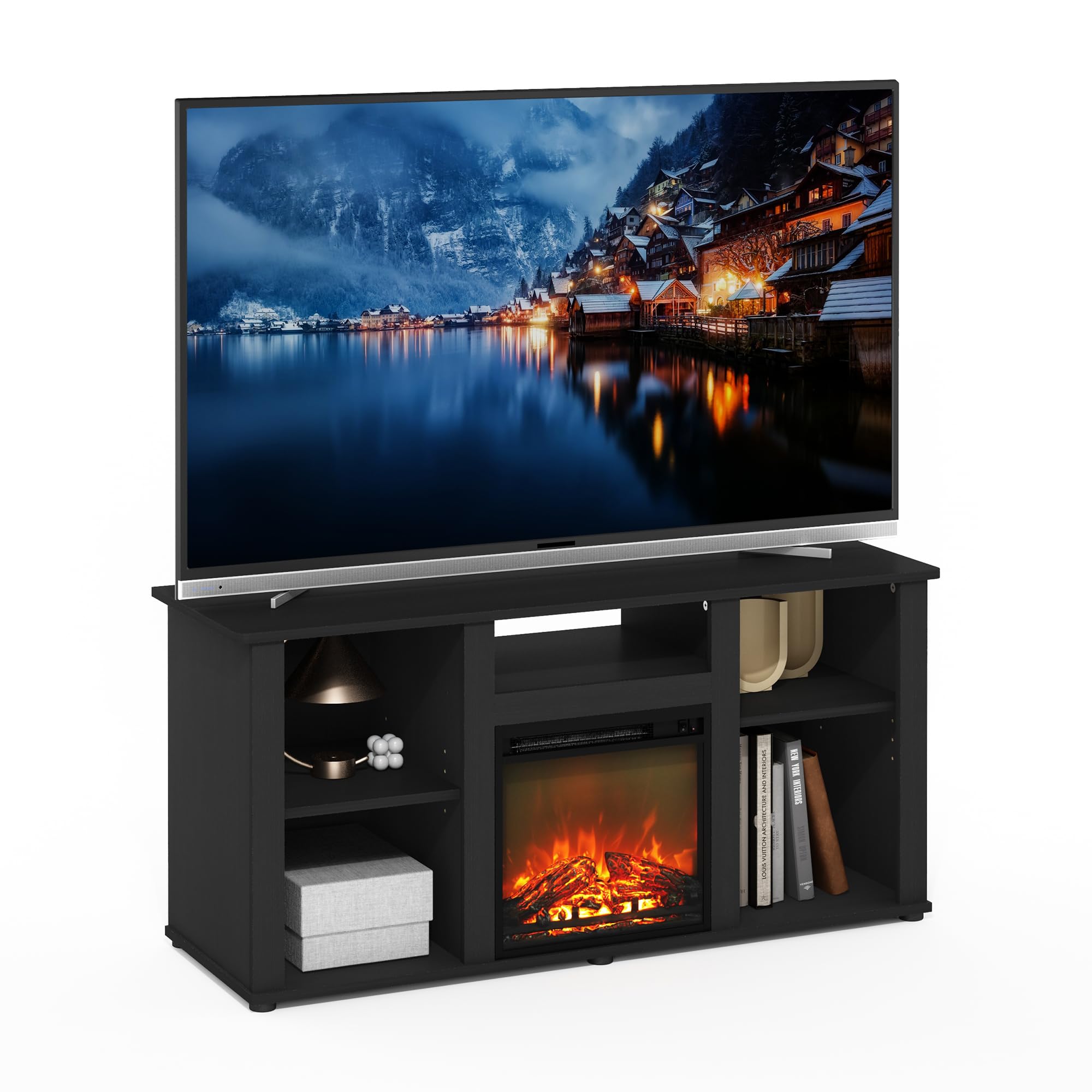 Furinno Jensen 55 Inch Fireplace TV Stand with Open Storage - Modern Entertainment Center for Living Room, Bedroom & Home Theater