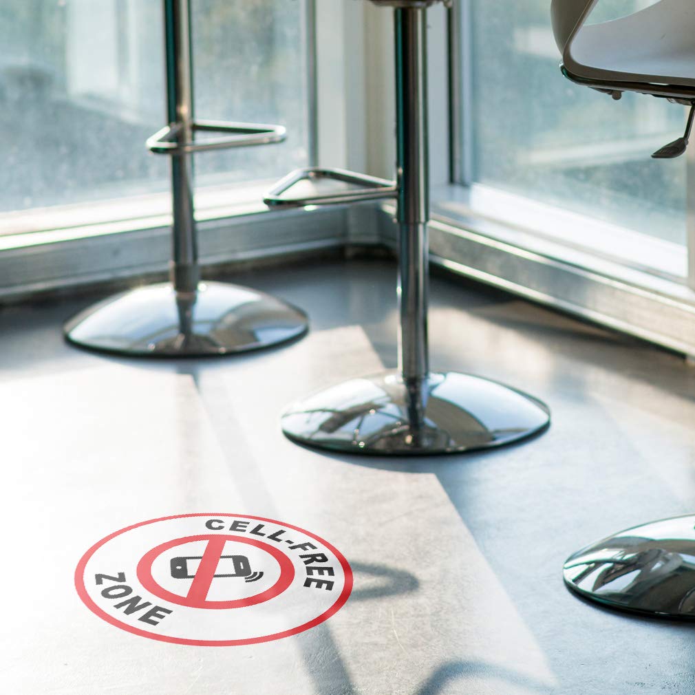 Anti-Slip Round Cell Phone Floor Decals - 36 Inch Free Zone Signs in Black & Red for Retail Stores, Warehouses & Industrial Areas (Non-Slip Mobile Device Safety Stickers)