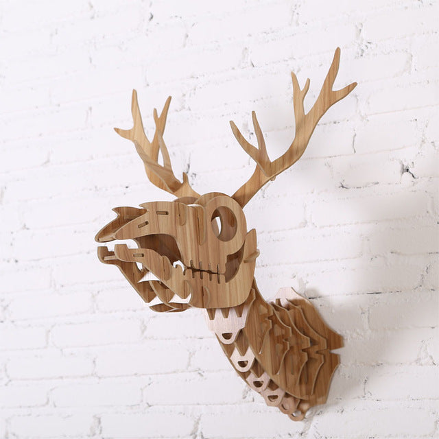 Wooden Deer Skull Wall Art - Handcrafted Animal Skeleton Sculpture for Home Decor, Rustic Cabin & Hunting Lodge Wall Hanging Gift WDM019M