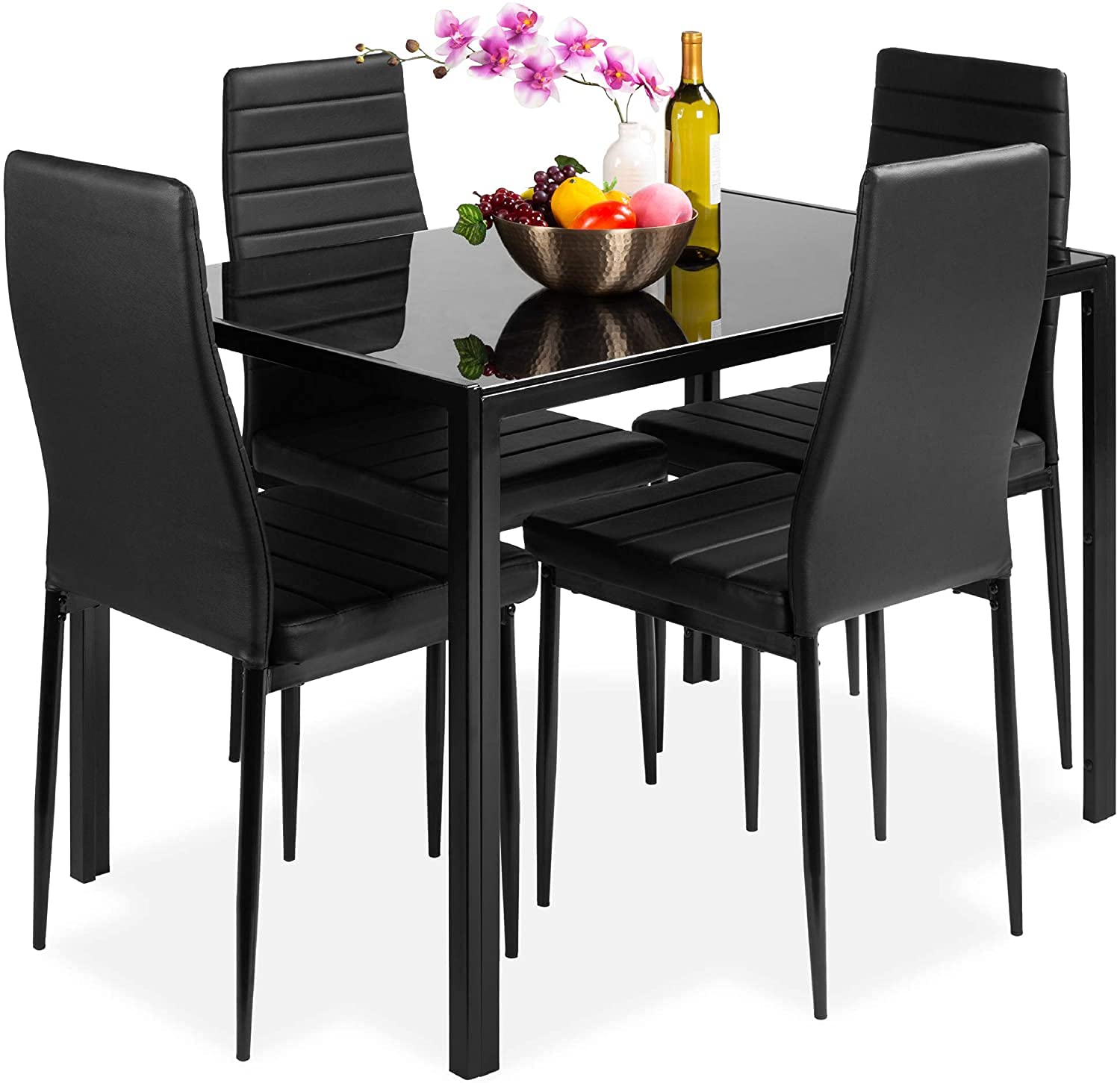 HONOOR 5-Piece Modern Dining Table Set with Glass Top & 4 Faux Leather Chairs - Black Metal Frame Kitchen Furniture for Small Spaces | Perfect for Apartments, Breakfast Nooks & Compact Dining Rooms